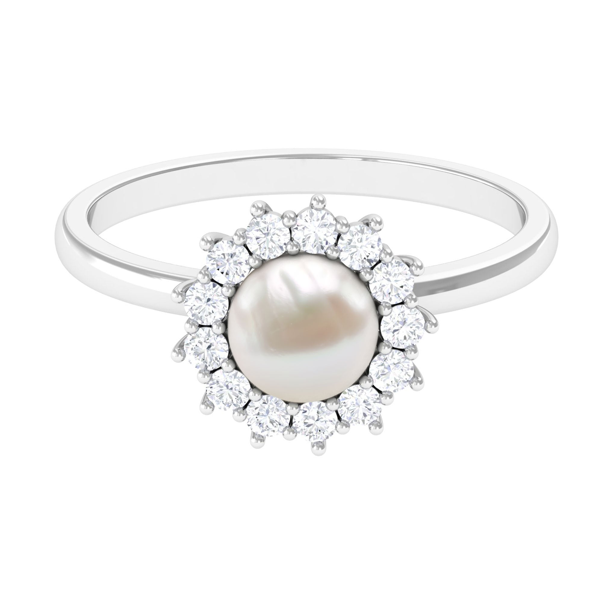 Arisha Jewels-Classic White Pearl Engagement Ring with Diamond Halo