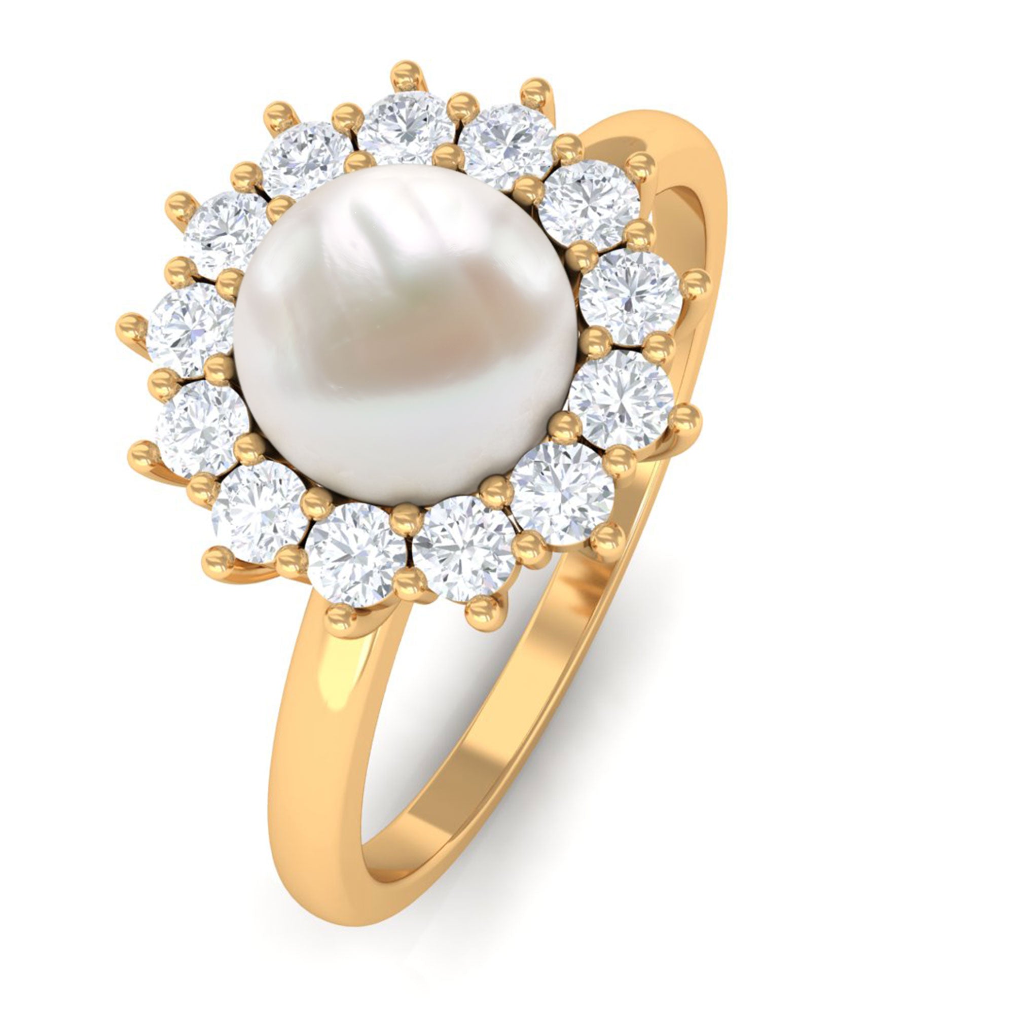 Arisha Jewels-Classic White Pearl Engagement Ring with Diamond Halo