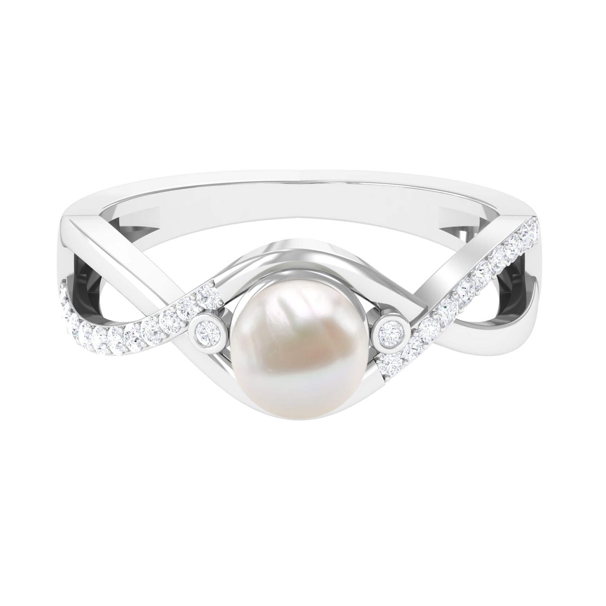 Arisha Jewels-Classic Freshwater Pearl Crossover Engagement Ring with Diamond