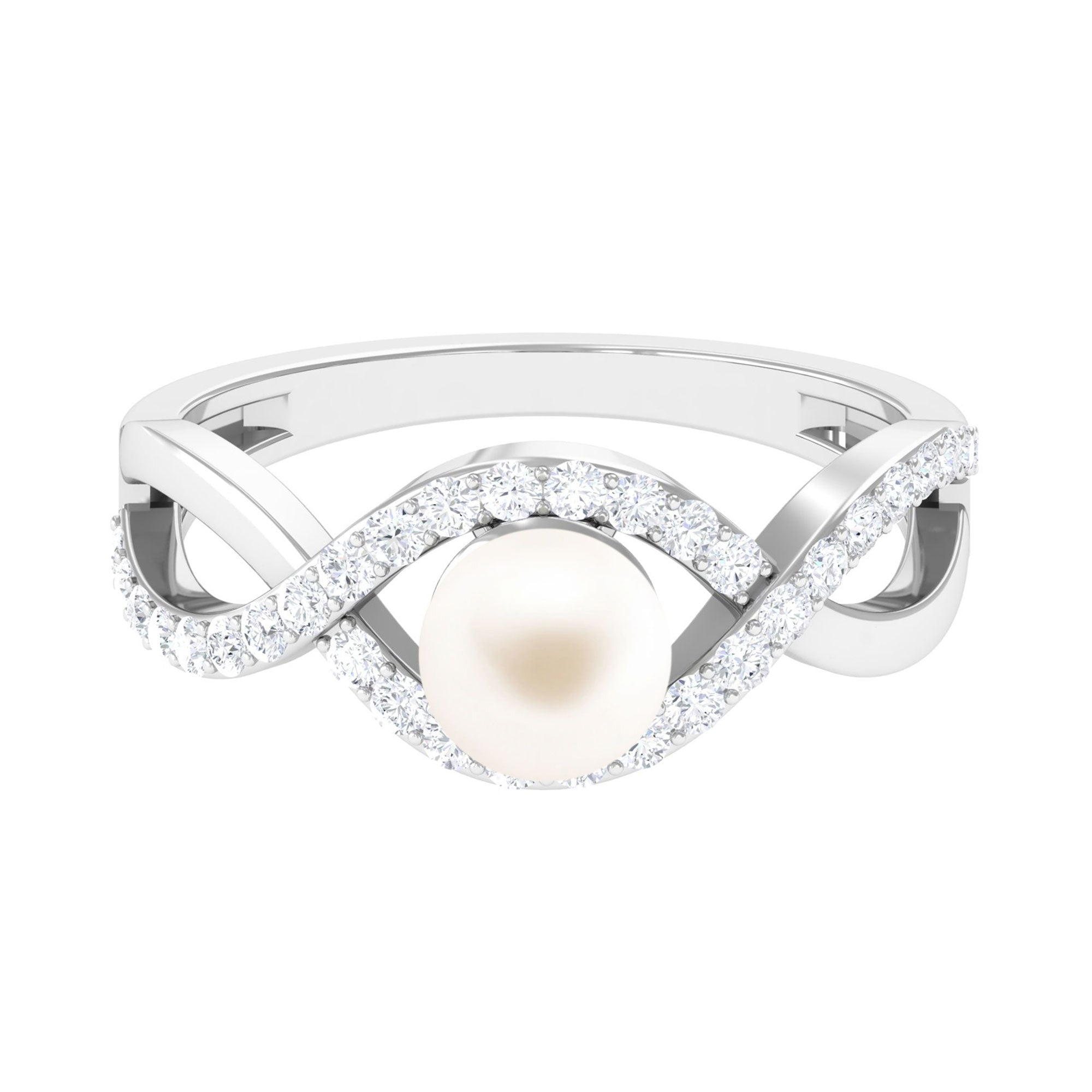 Arisha Jewels-White Pearl Crossover Engagement Ring with Diamond