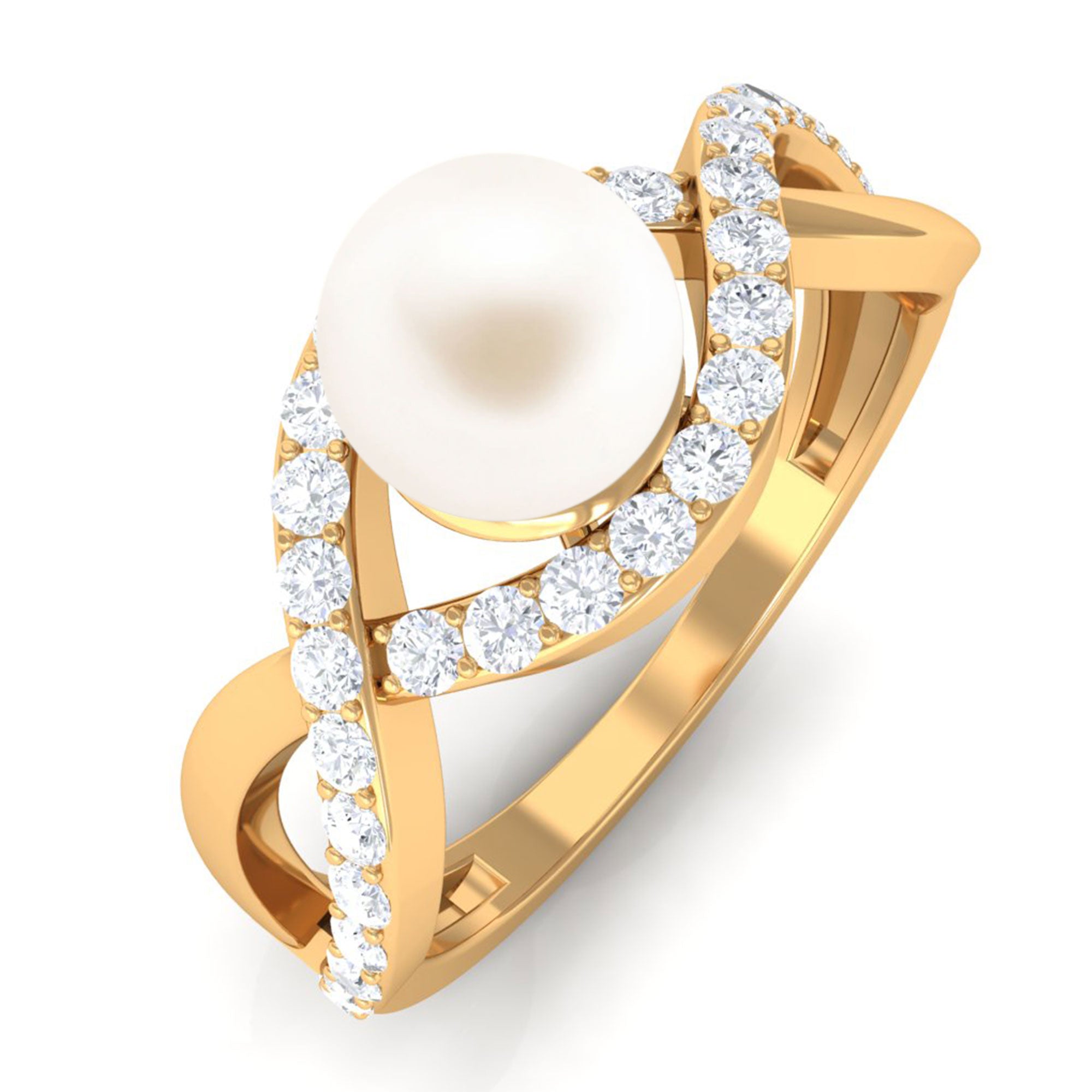 Arisha Jewels-White Pearl Crossover Engagement Ring with Diamond