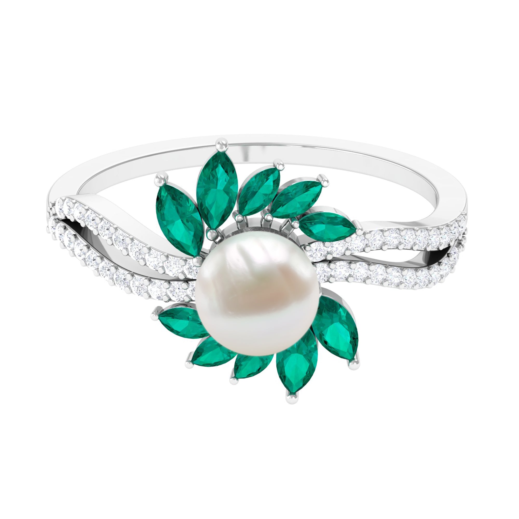 Arisha Jewels-Flower Inspired Freshwater Pearl Cocktail Ring with Emerald