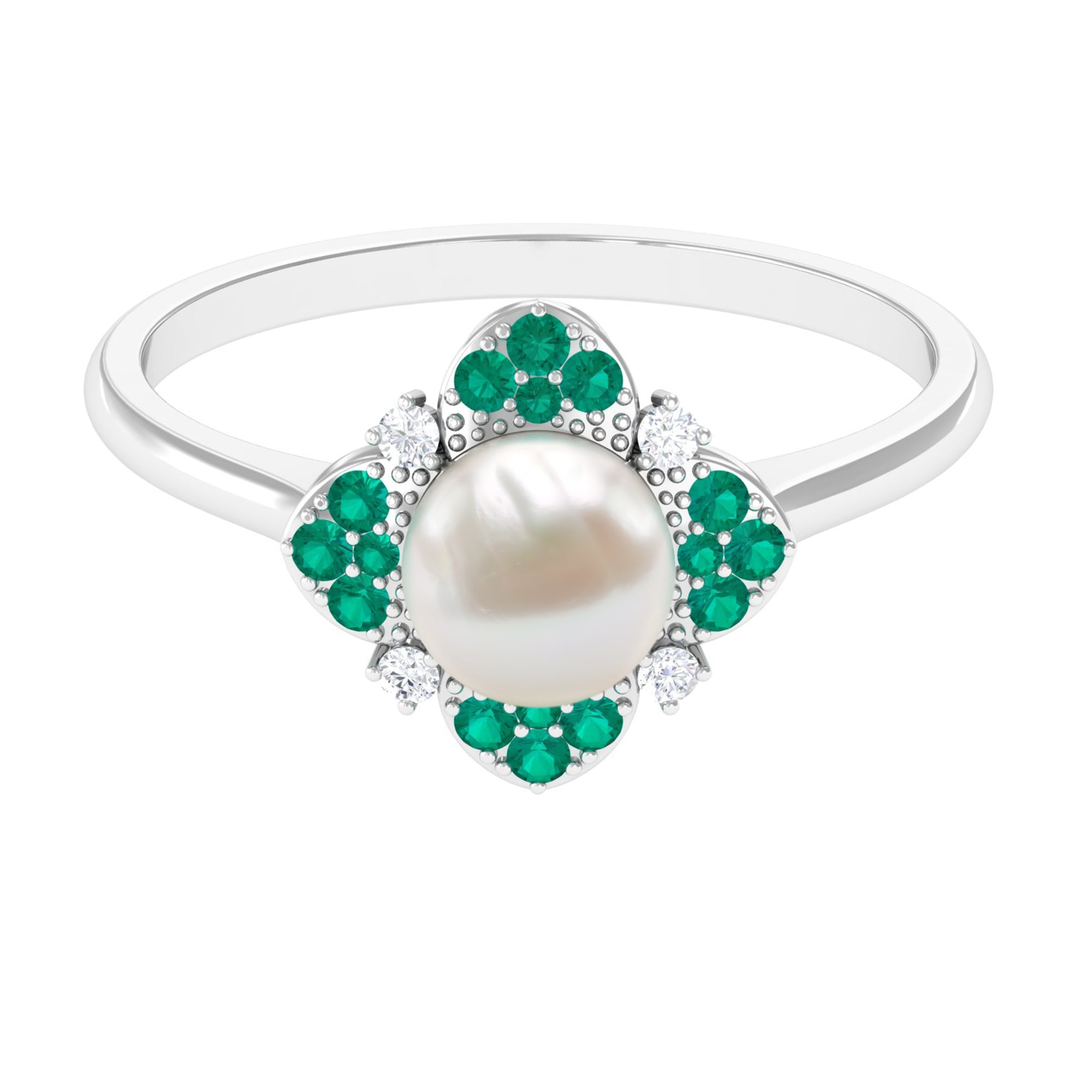 Arisha Jewels-Nature Inspired Freshwater Pearl Floral Ring with Emerald