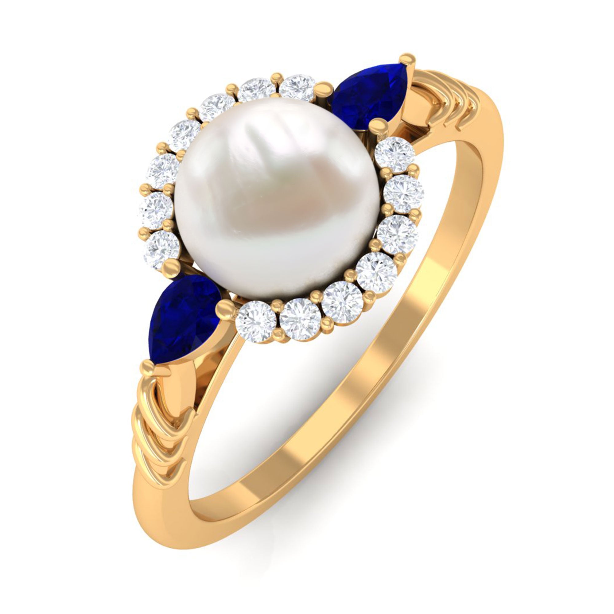 Arisha Jewels-Real Freshwater Pearl Halo Ring with Diamond and Sapphire