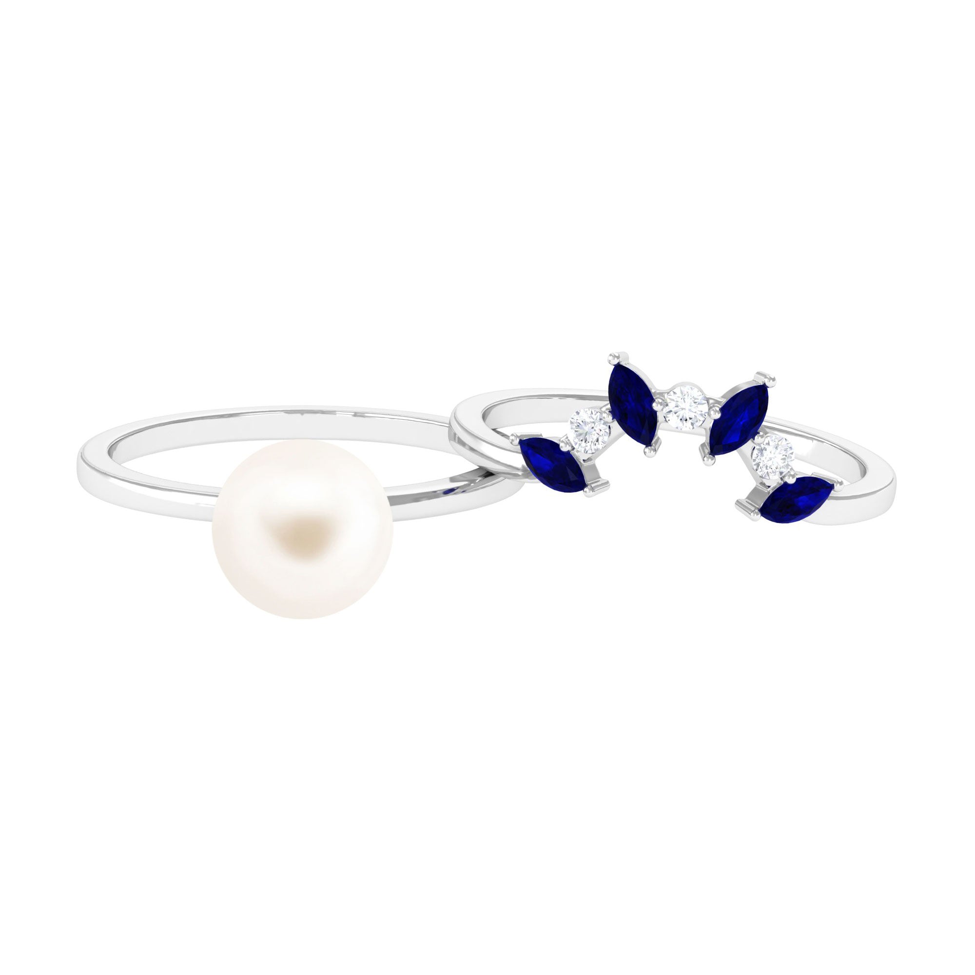 Arisha Jewels-White Pearl Solitaire Ring Set with Blue Sapphire and Diamond
