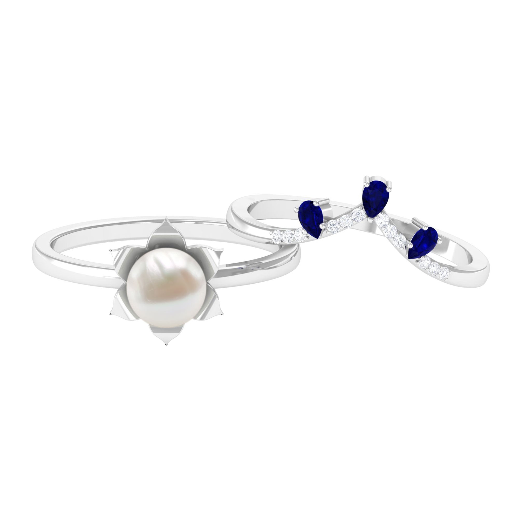 Arisha Jewels-Flower White Pearl Ring Set with V Shape Enhancer