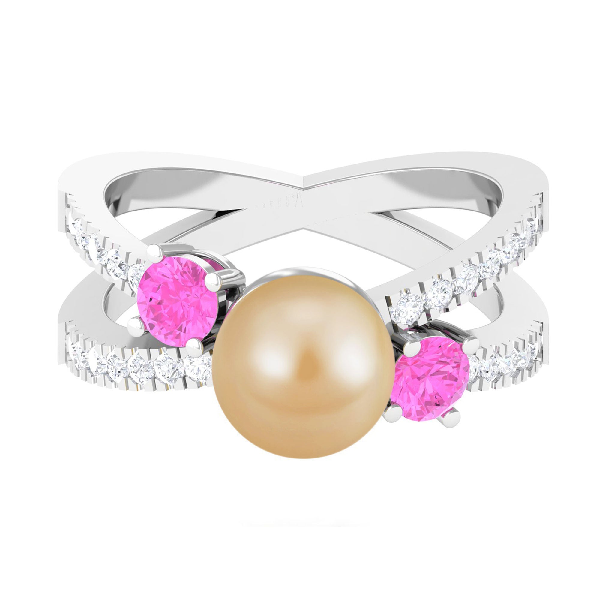 Golden Pearl Solitaire Crossover Ring with Pink Sapphire and Diamond South Sea Pearl-AAAA Quality - Arisha Jewels