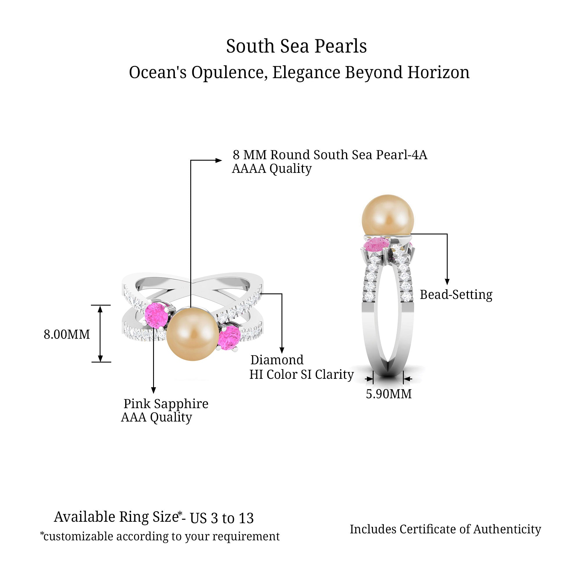 Golden Pearl Solitaire Crossover Ring with Pink Sapphire and Diamond South Sea Pearl-AAAA Quality - Arisha Jewels