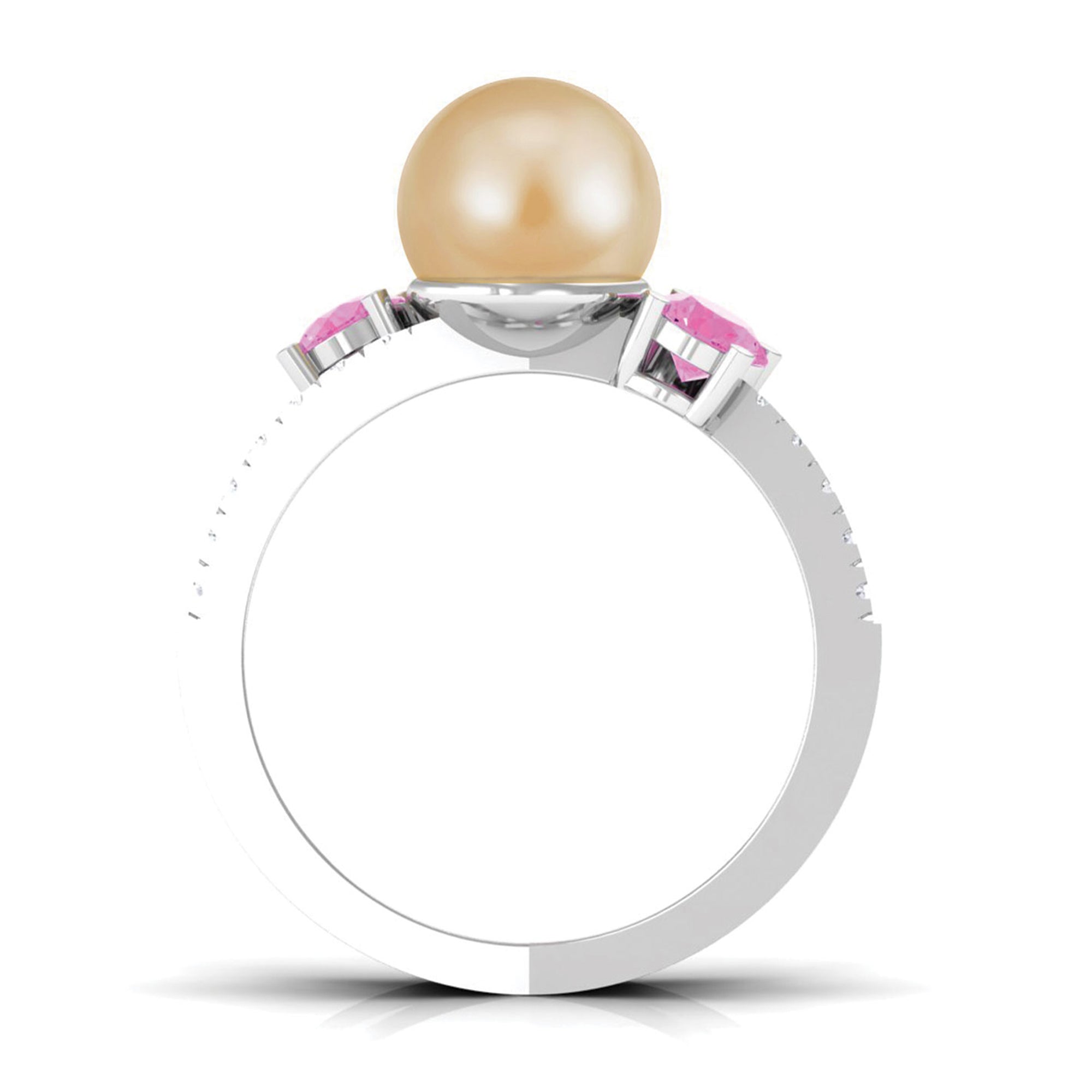 Golden Pearl Solitaire Crossover Ring with Pink Sapphire and Diamond South Sea Pearl-AAAA Quality - Arisha Jewels