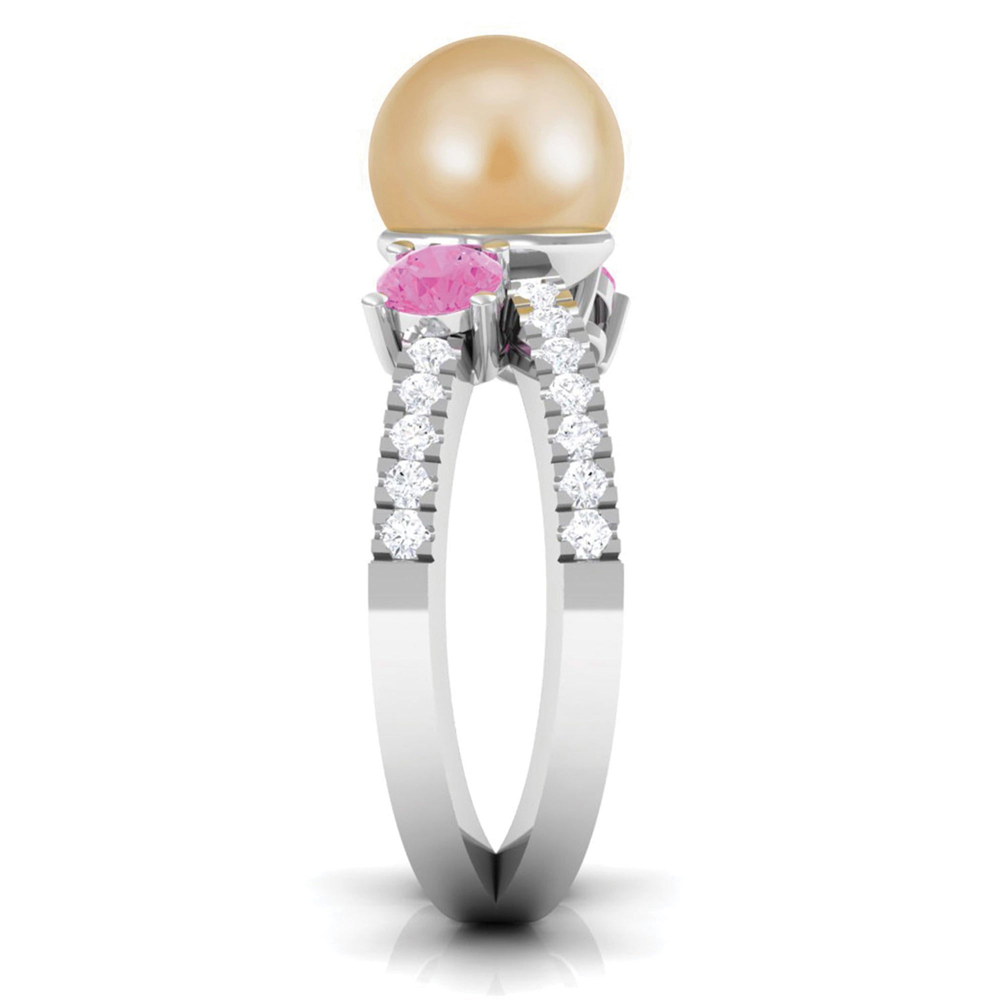 Golden Pearl Solitaire Crossover Ring with Pink Sapphire and Diamond South Sea Pearl-AAAA Quality - Arisha Jewels