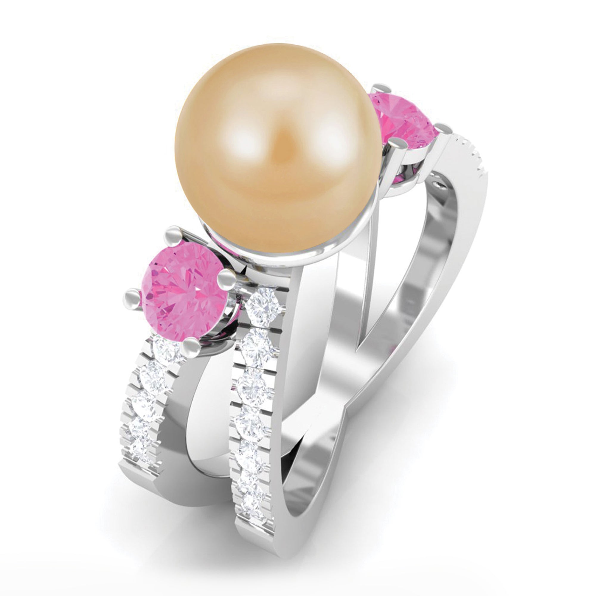 Golden Pearl Solitaire Crossover Ring with Pink Sapphire and Diamond South Sea Pearl-AAAA Quality - Arisha Jewels