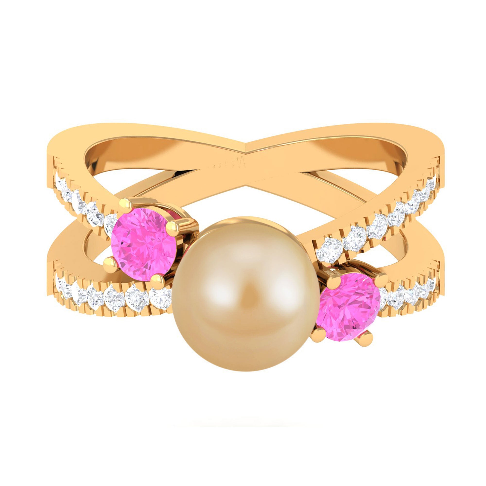 Golden Pearl Solitaire Crossover Ring with Pink Sapphire and Diamond South Sea Pearl-AAAA Quality - Arisha Jewels