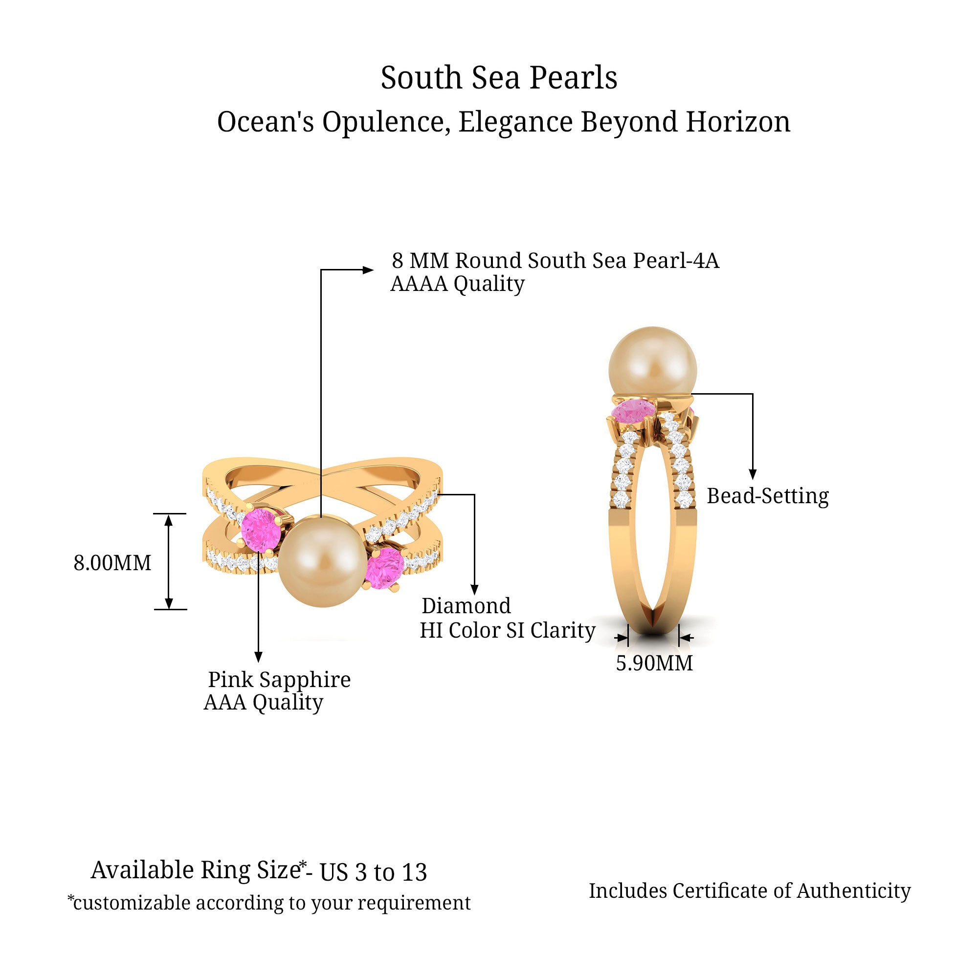 Golden Pearl Solitaire Crossover Ring with Pink Sapphire and Diamond South Sea Pearl-AAAA Quality - Arisha Jewels