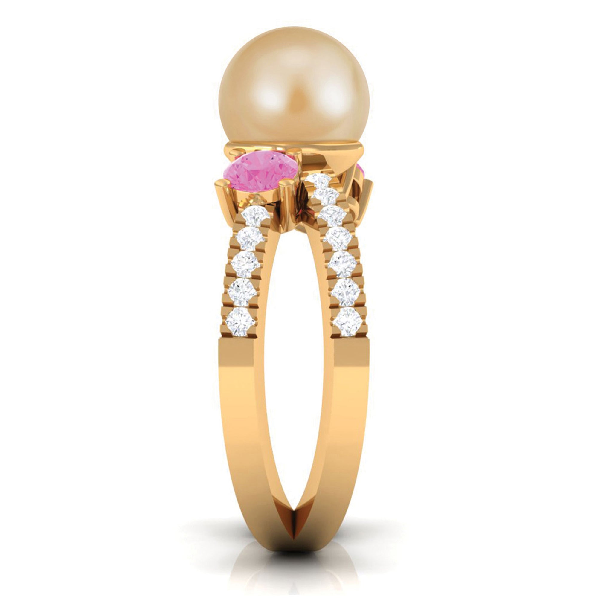 Golden Pearl Solitaire Crossover Ring with Pink Sapphire and Diamond South Sea Pearl-AAAA Quality - Arisha Jewels