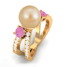 Golden Pearl Solitaire Crossover Ring with Pink Sapphire and Diamond South Sea Pearl-AAAA Quality - Arisha Jewels