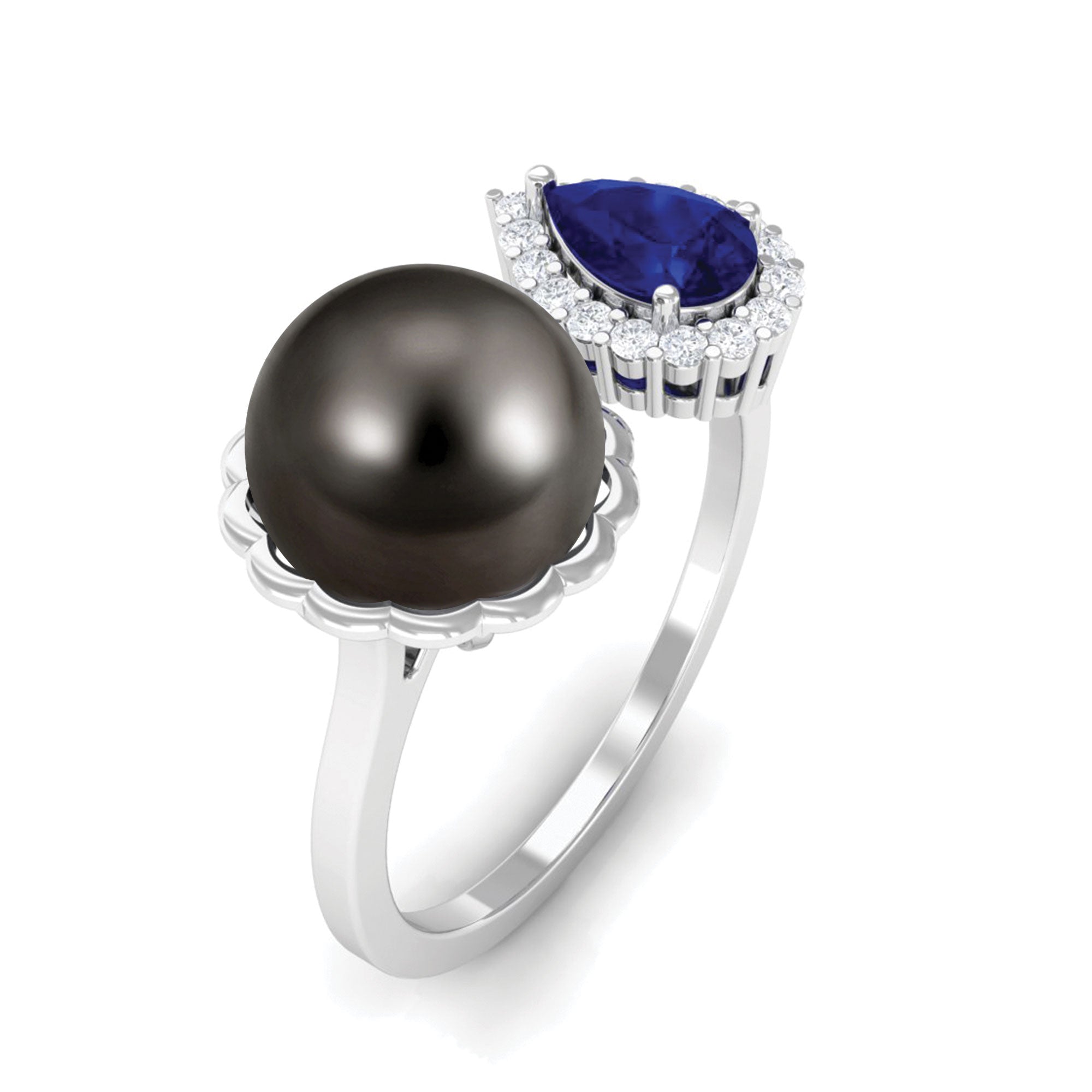 Unique Black Pearl Cuff Ring with Blue Sapphire Tahitian pearl-AAAA Quality - Arisha Jewels