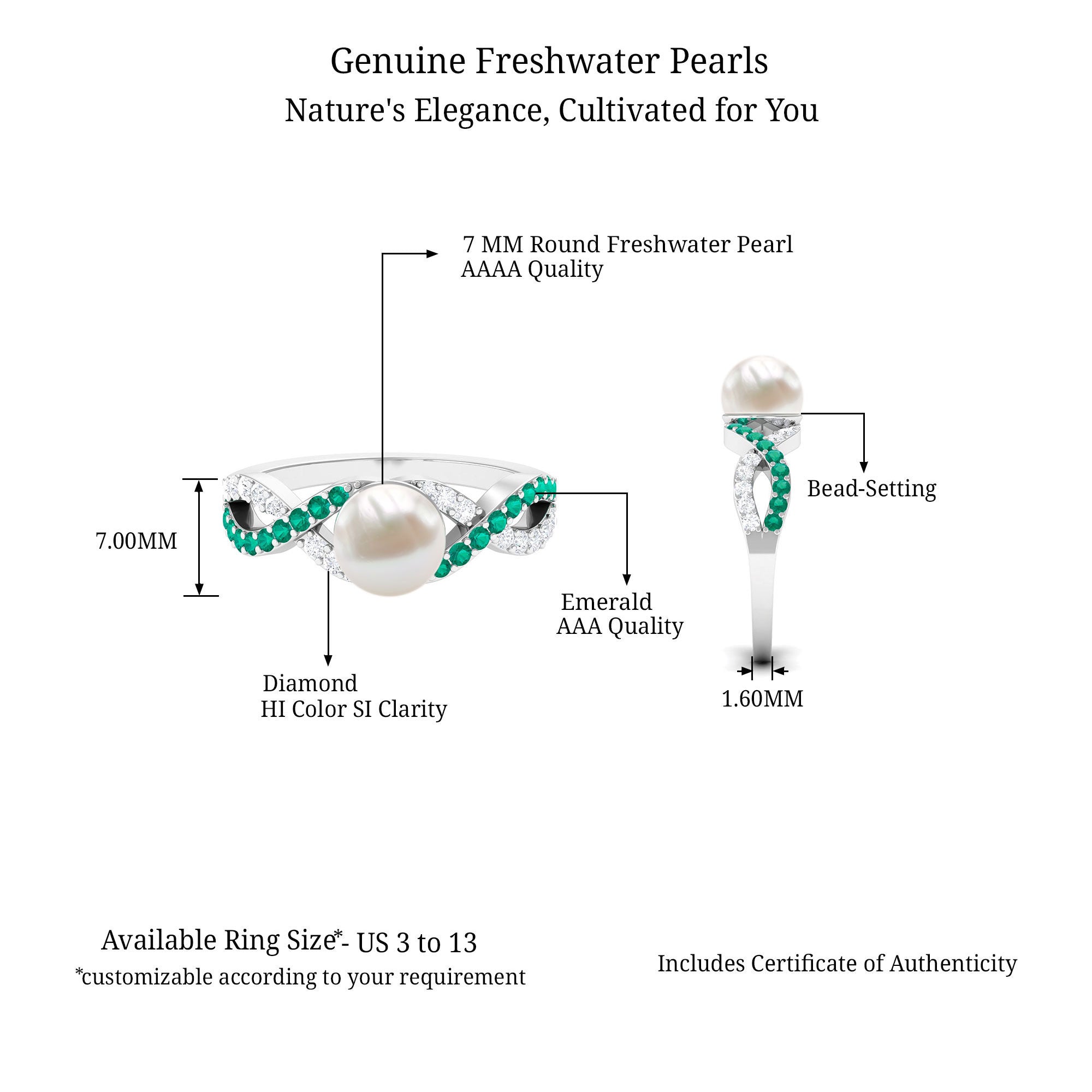 Solitaire Freshwater Pearl Infinity Ring with Emerald and Diamond Freshwater Pearl-AAAA Quality - Arisha Jewels