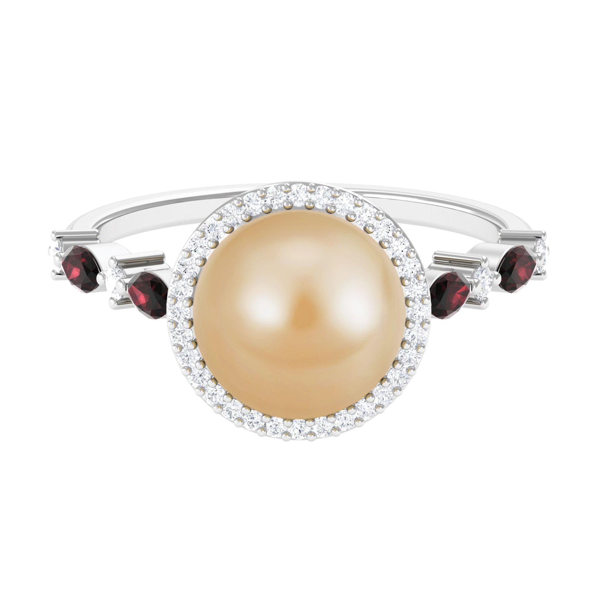 Statement South Sea Pearl Halo Ring with Diamond and Garnet South Sea Pearl-AAAA Quality - Arisha Jewels