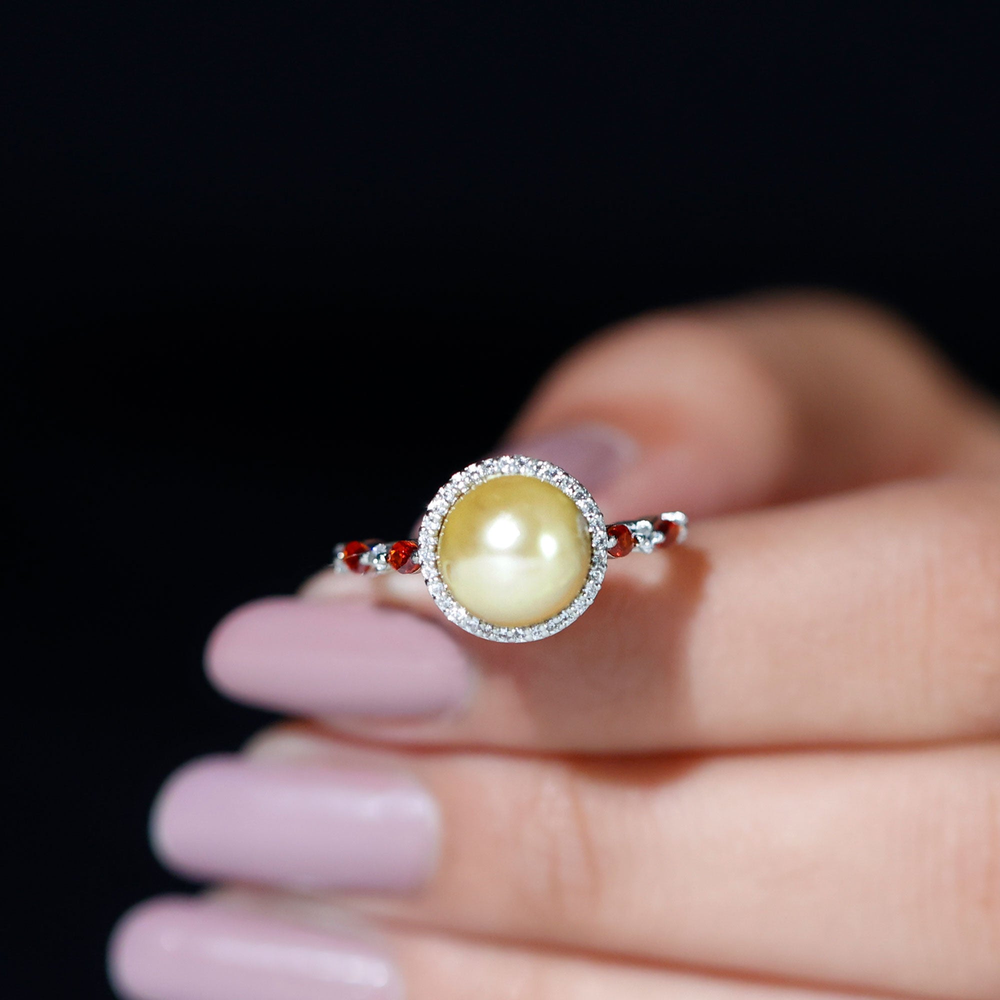 Statement South Sea Pearl Halo Ring with Diamond and Garnet South Sea Pearl-AAAA Quality - Arisha Jewels