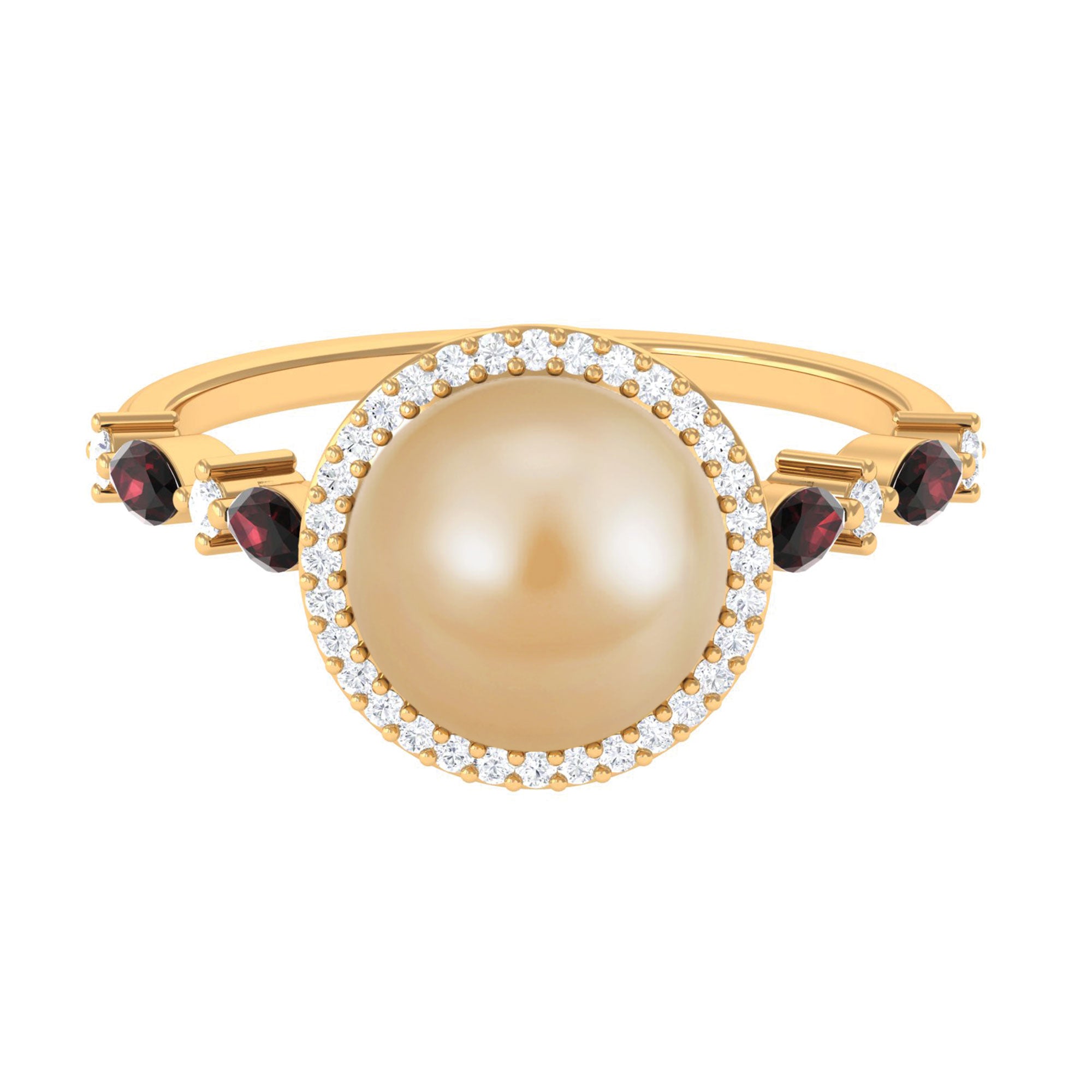 Statement South Sea Pearl Halo Ring with Diamond and Garnet South Sea Pearl-AAAA Quality - Arisha Jewels