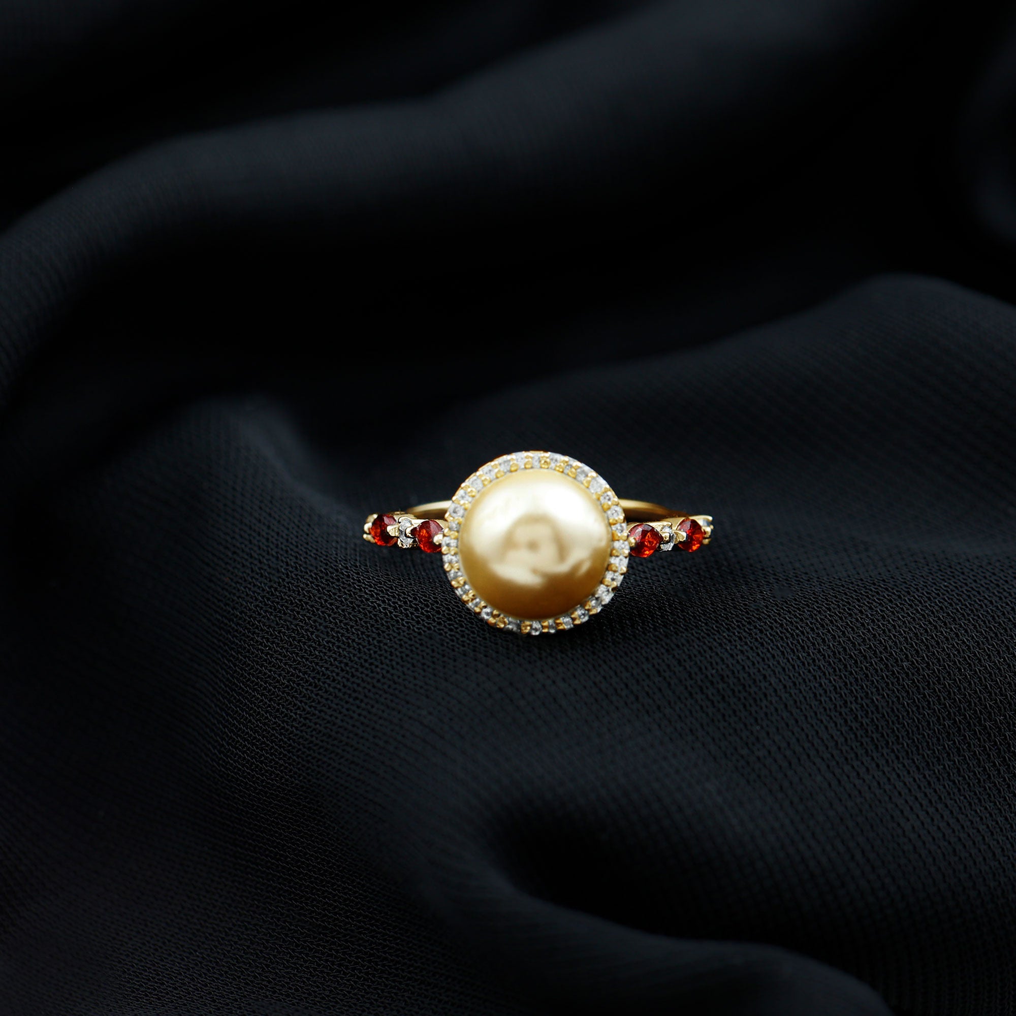 Statement South Sea Pearl Halo Ring with Diamond and Garnet South Sea Pearl-AAAA Quality - Arisha Jewels