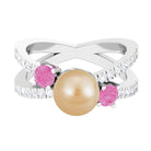 Golden Pearl Solitaire Crossover Ring with Pink Sapphire and Diamond South Sea Pearl-AAA Quality - Arisha Jewels