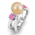Golden Pearl Solitaire Crossover Ring with Pink Sapphire and Diamond South Sea Pearl-AAA Quality - Arisha Jewels