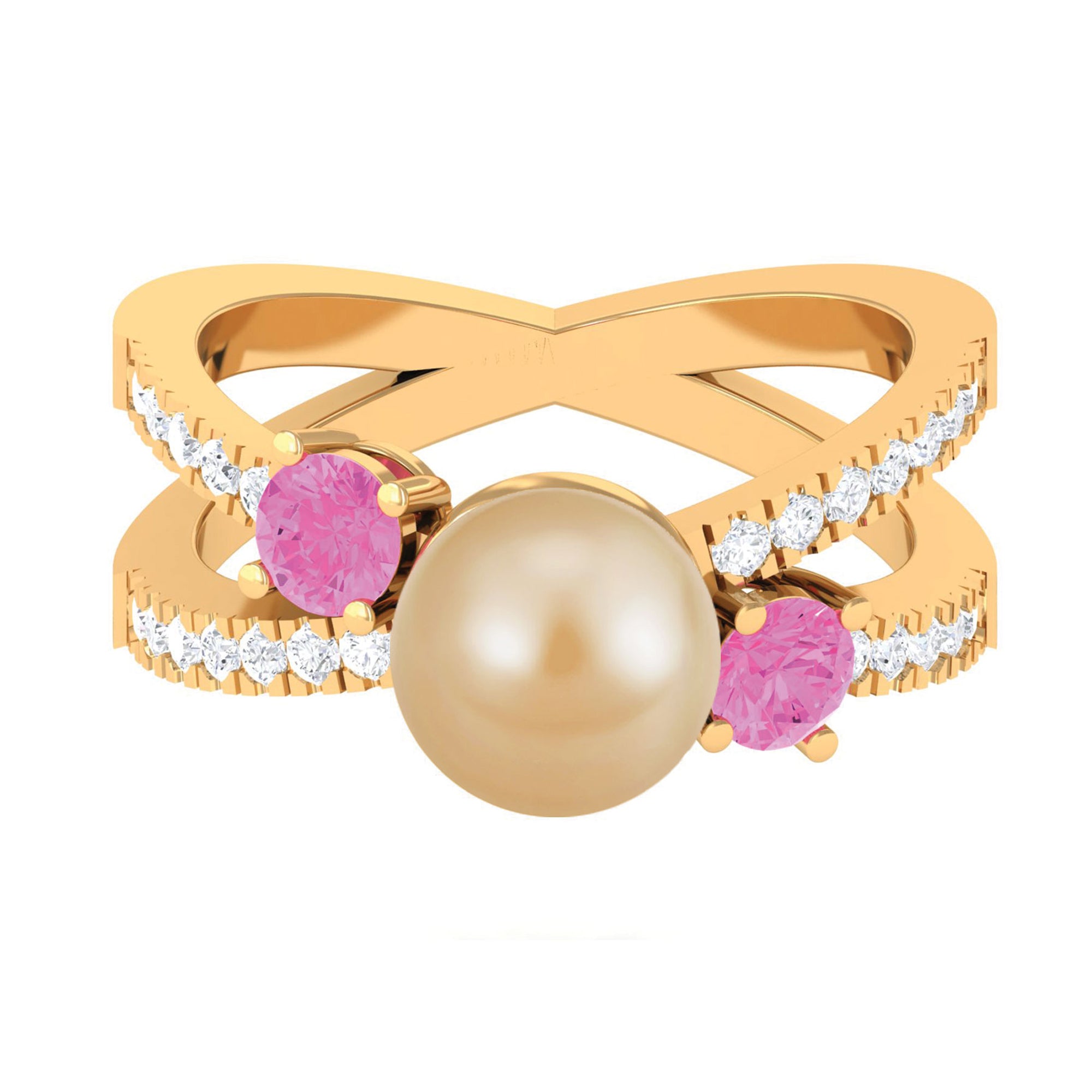 Golden Pearl Solitaire Crossover Ring with Pink Sapphire and Diamond South Sea Pearl-AAA Quality - Arisha Jewels