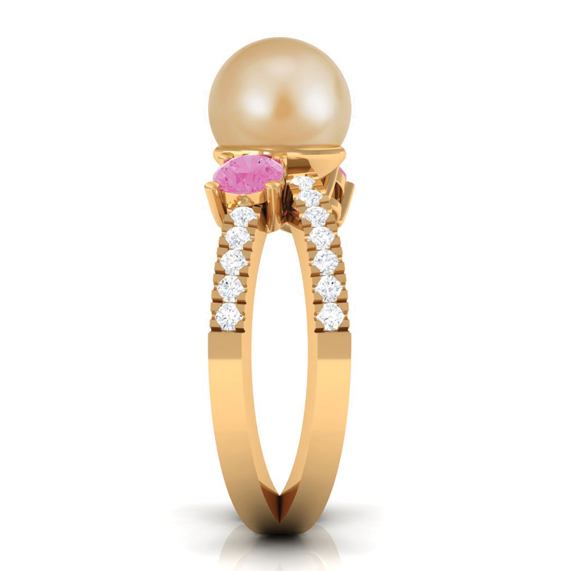 Golden Pearl Solitaire Crossover Ring with Pink Sapphire and Diamond South Sea Pearl-AAA Quality - Arisha Jewels