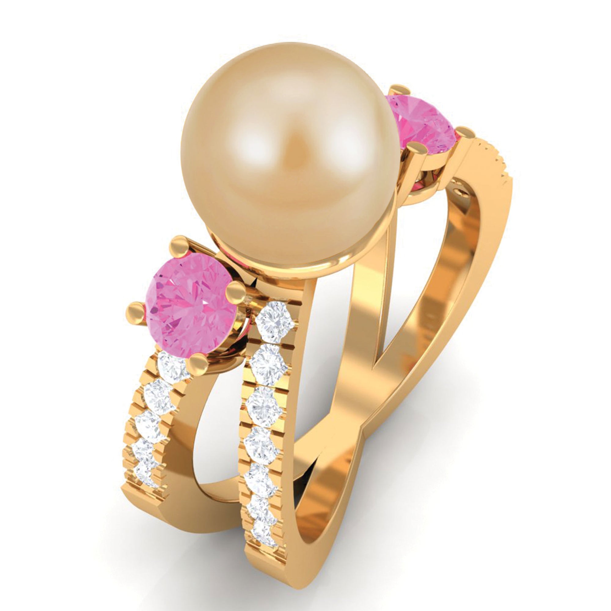 Golden Pearl Solitaire Crossover Ring with Pink Sapphire and Diamond South Sea Pearl-AAA Quality - Arisha Jewels