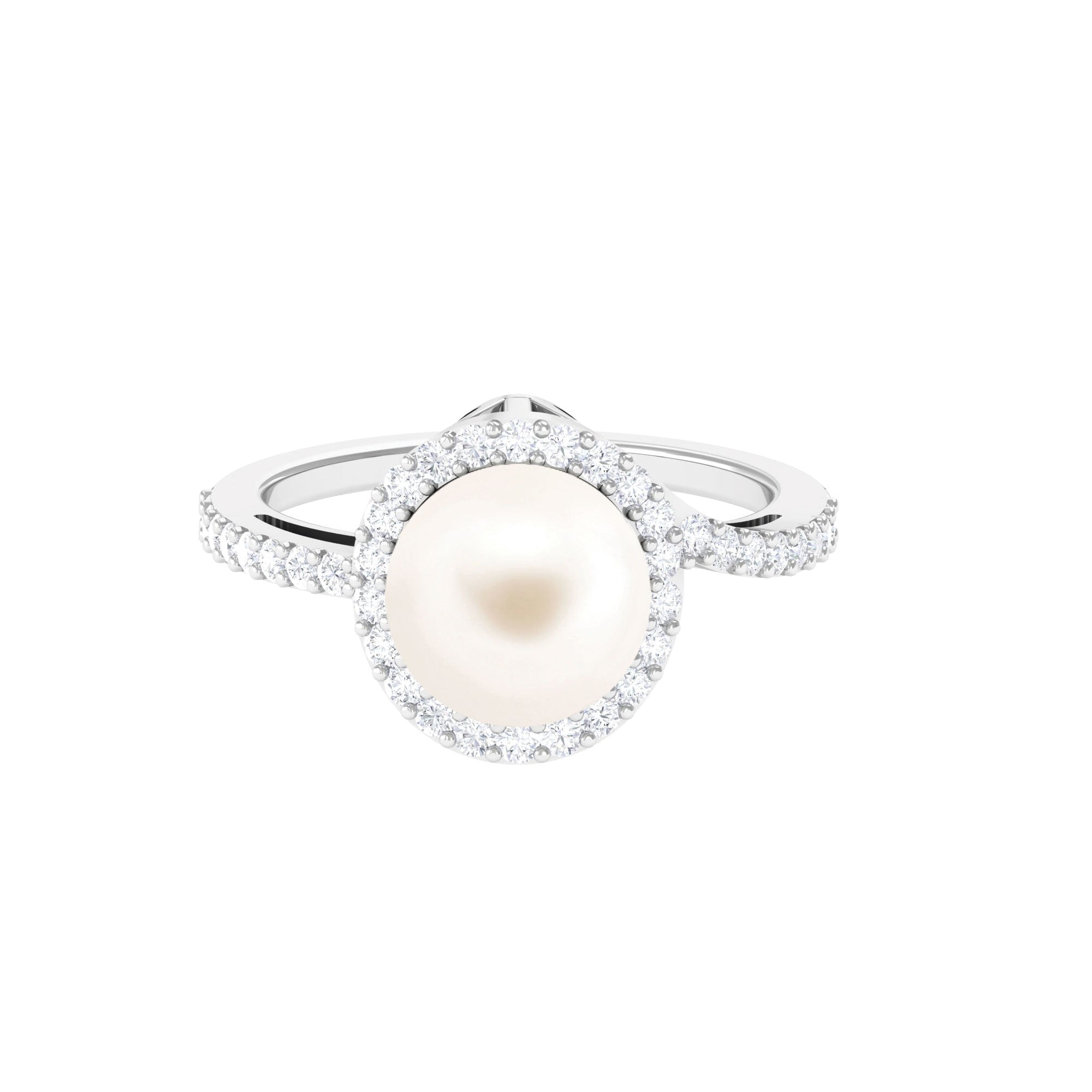Arisha Jewels-White Freshwater Pearl Halo Engagement Ring with Diamond