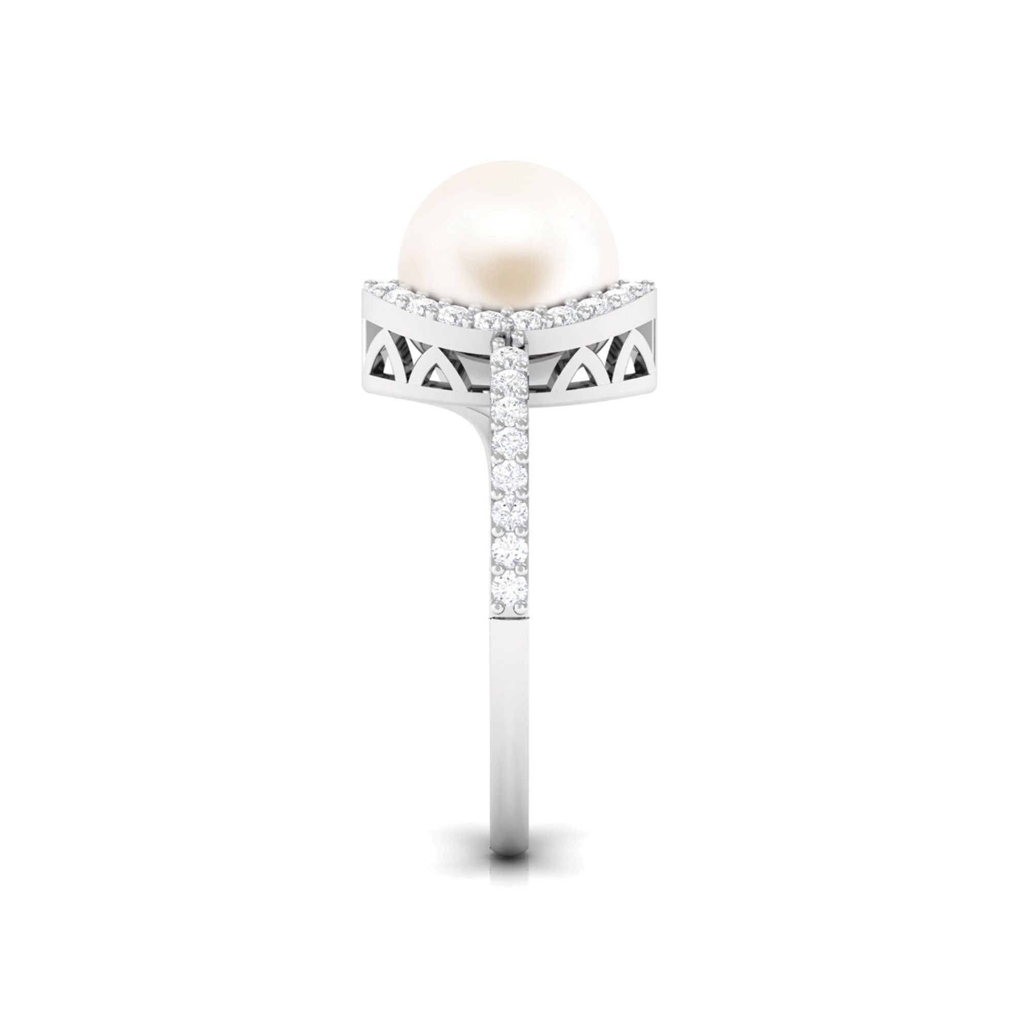 Arisha Jewels-White Freshwater Pearl Halo Engagement Ring with Diamond