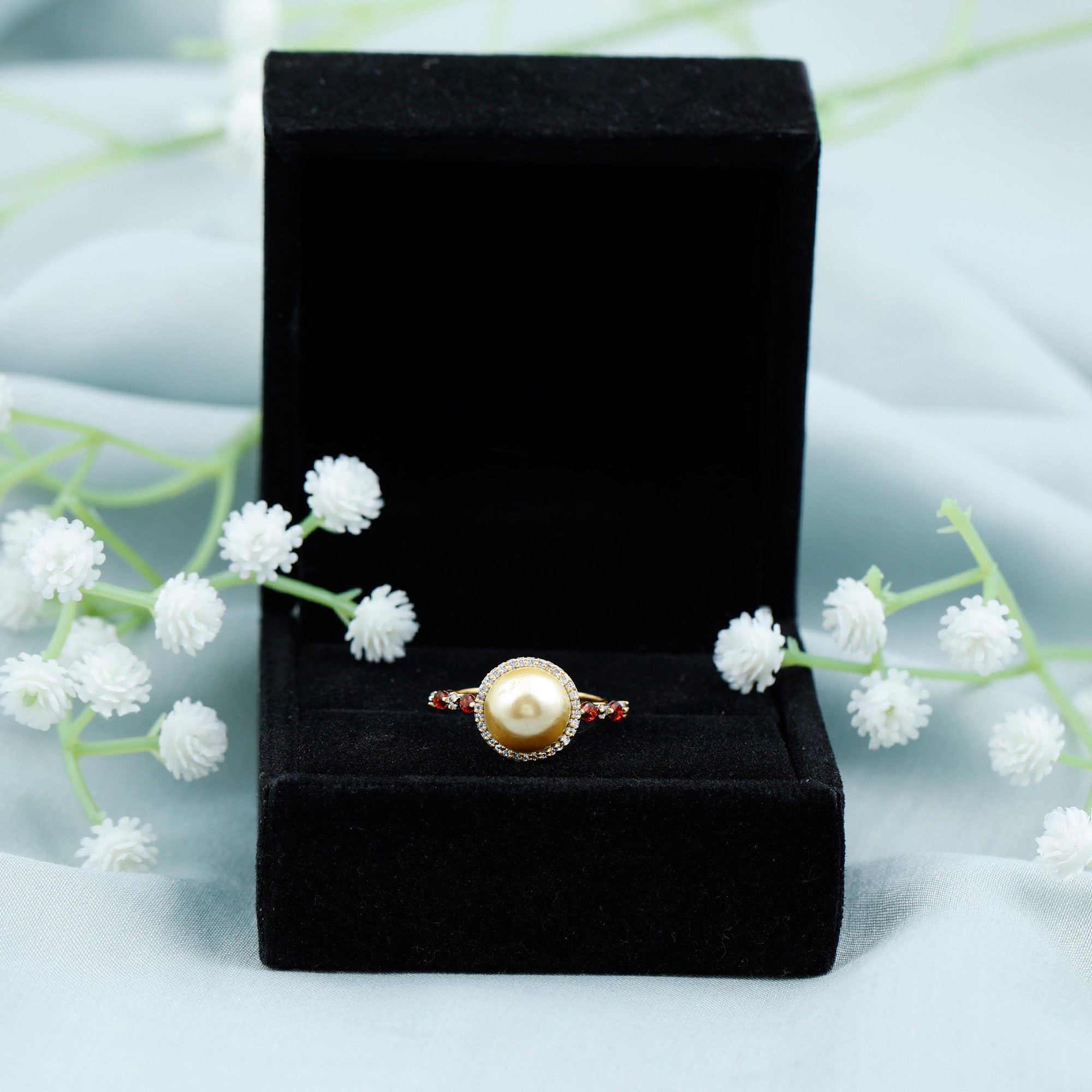Statement South Sea Pearl Halo Ring with Diamond and Garnet South Sea Pearl-AAA Quality - Arisha Jewels