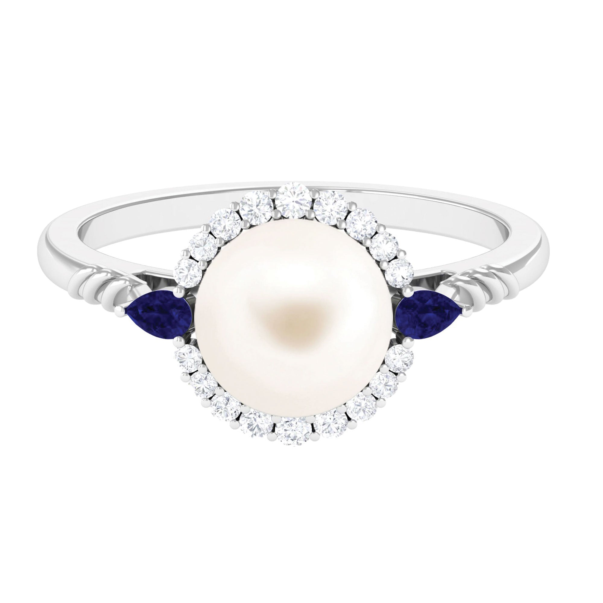 Arisha Jewels-Real Freshwater Pearl Halo Ring with Diamond and Sapphire