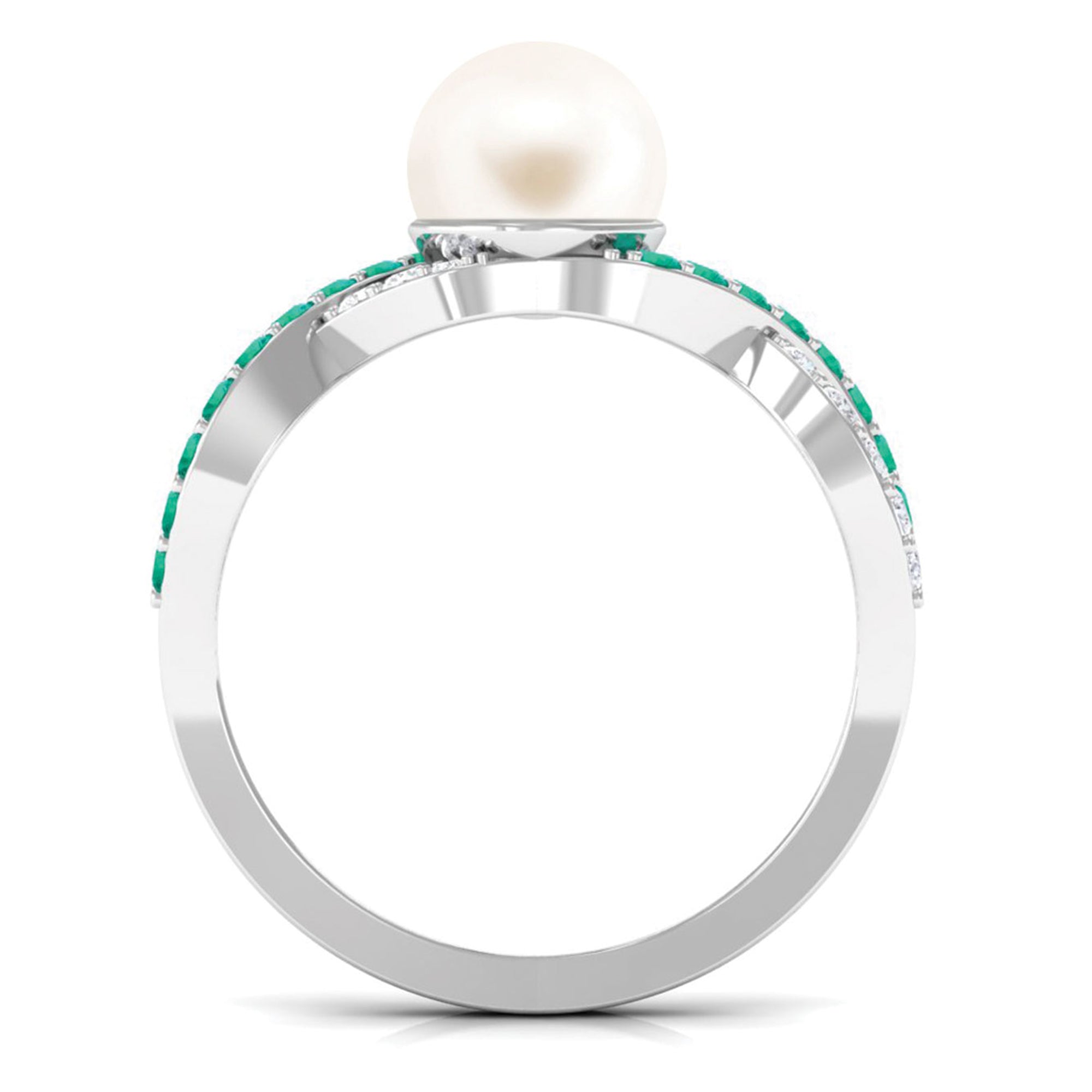 Solitaire Freshwater Pearl Infinity Ring with Emerald and Diamond Freshwater Pearl-AAA Quality - Arisha Jewels