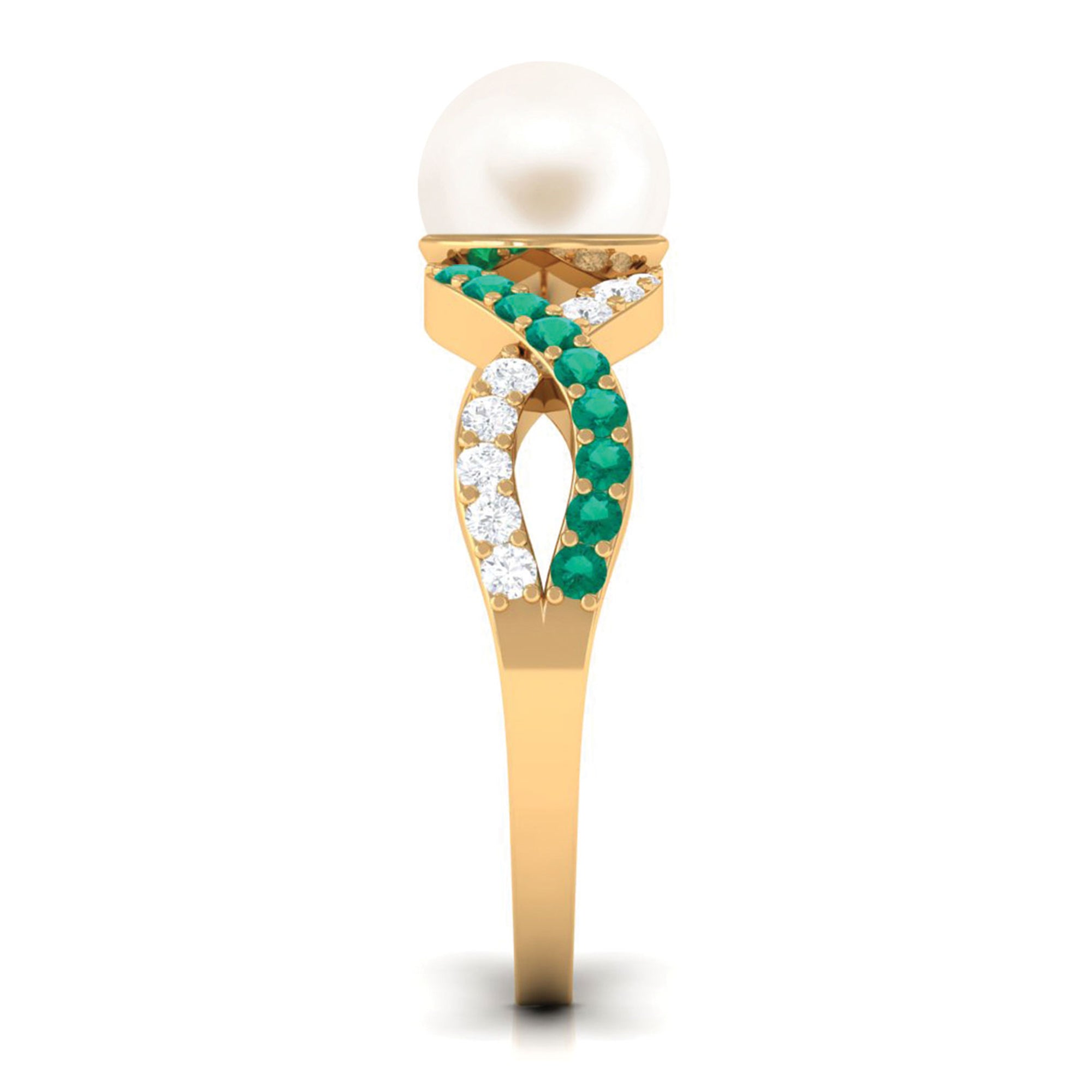 Solitaire Freshwater Pearl Infinity Ring with Emerald and Diamond Freshwater Pearl-AAA Quality - Arisha Jewels
