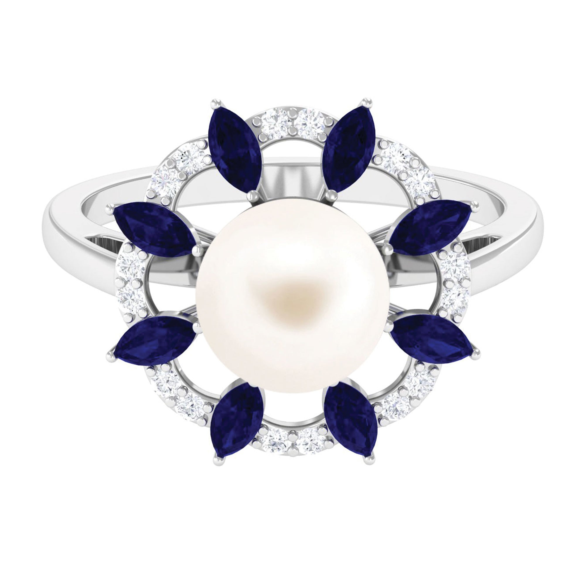 Arisha Jewels-Floral Inspired Freshwater Pearl Statement Ring with Blue Sapphire