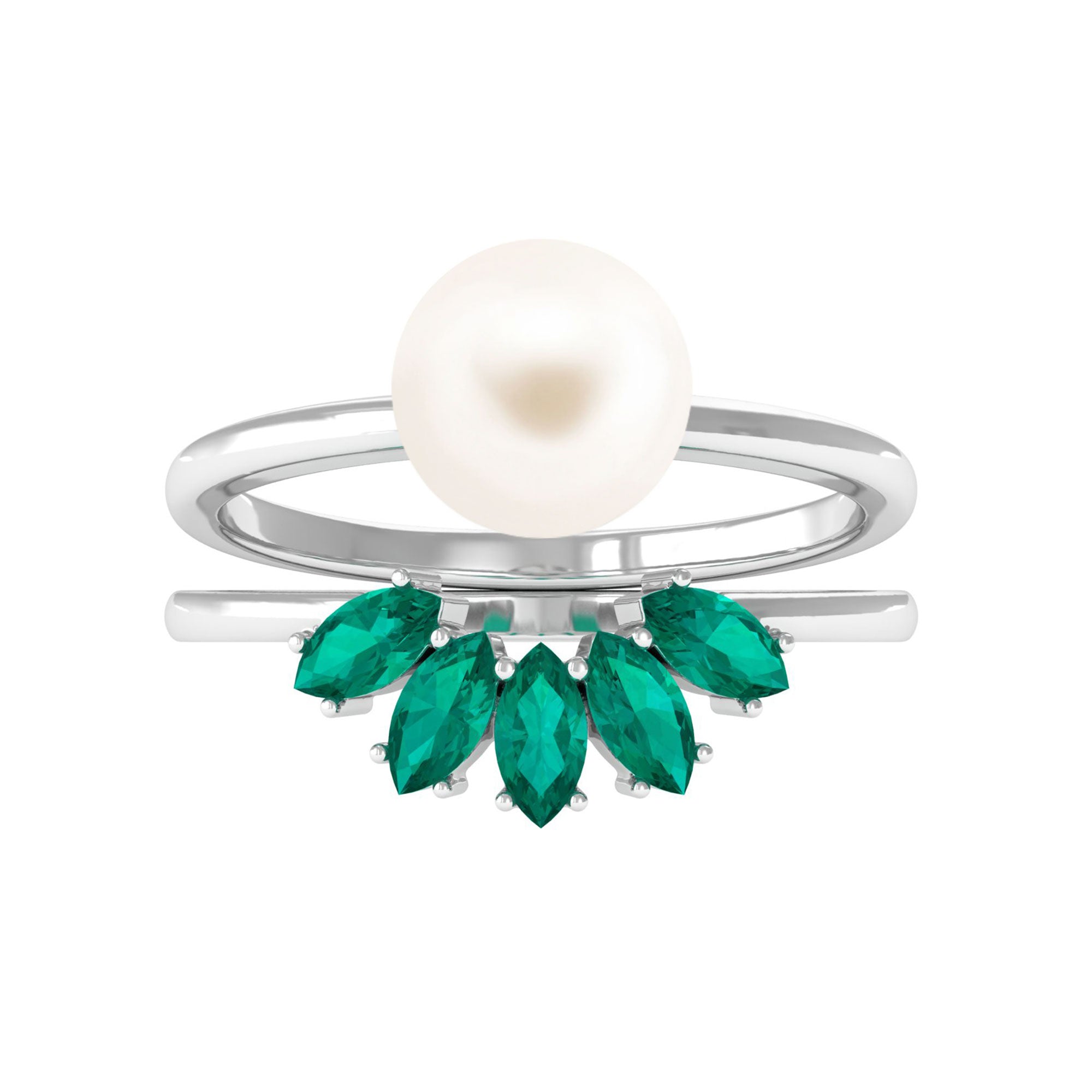 Arisha Jewels-White Pearl Solitaire Ring Set with Emerald