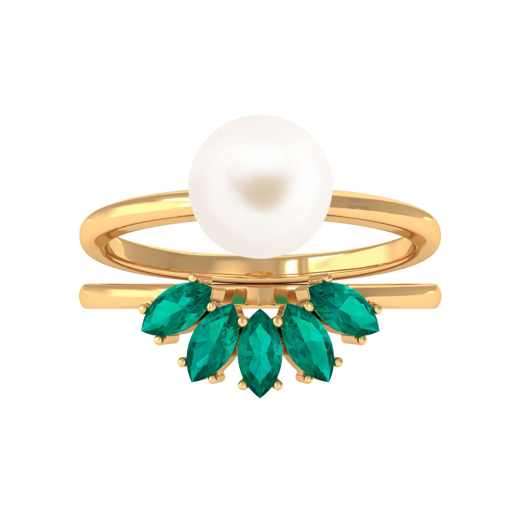 Arisha Jewels-White Pearl Solitaire Ring Set with Emerald