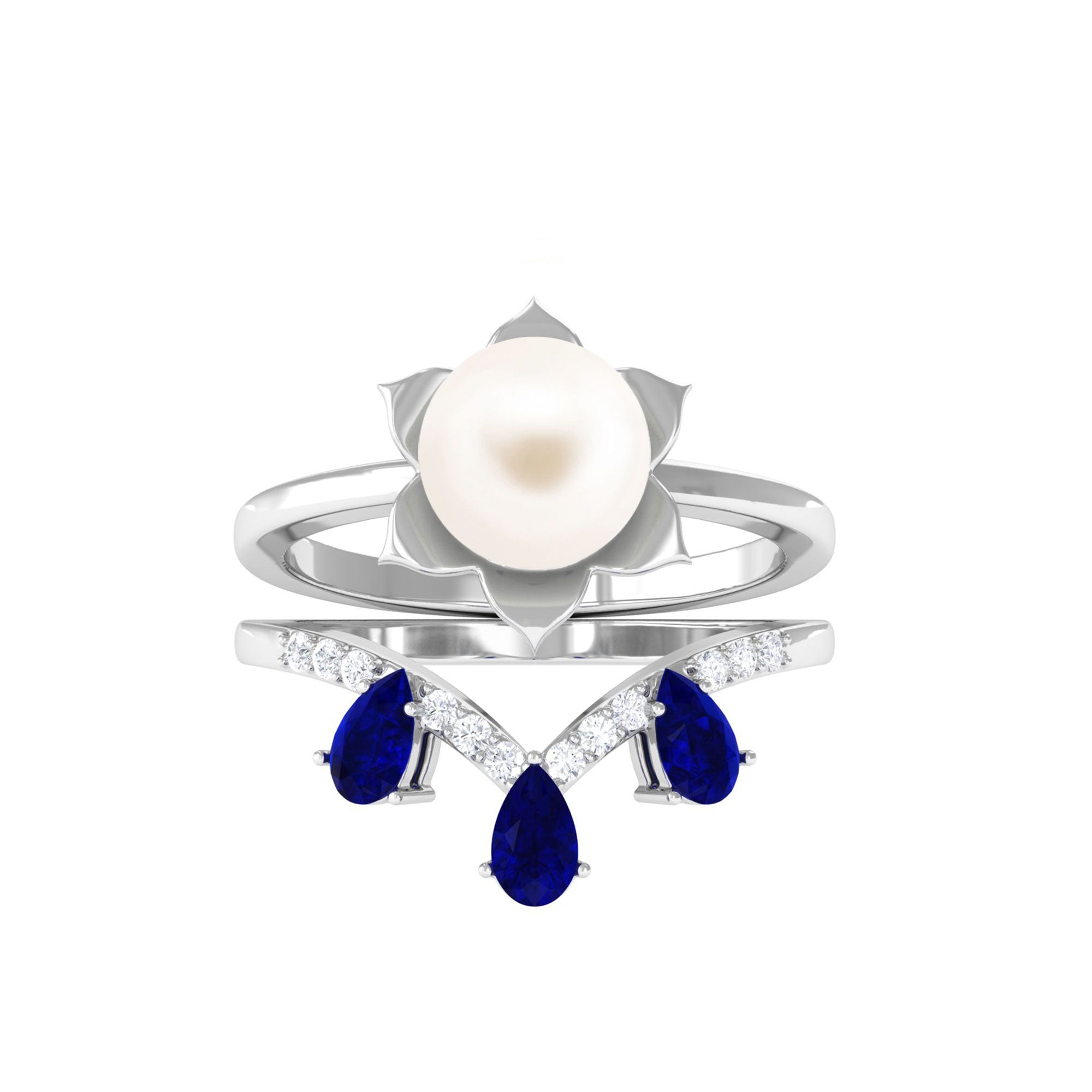 Arisha Jewels-Flower White Pearl Ring Set with V Shape Enhancer