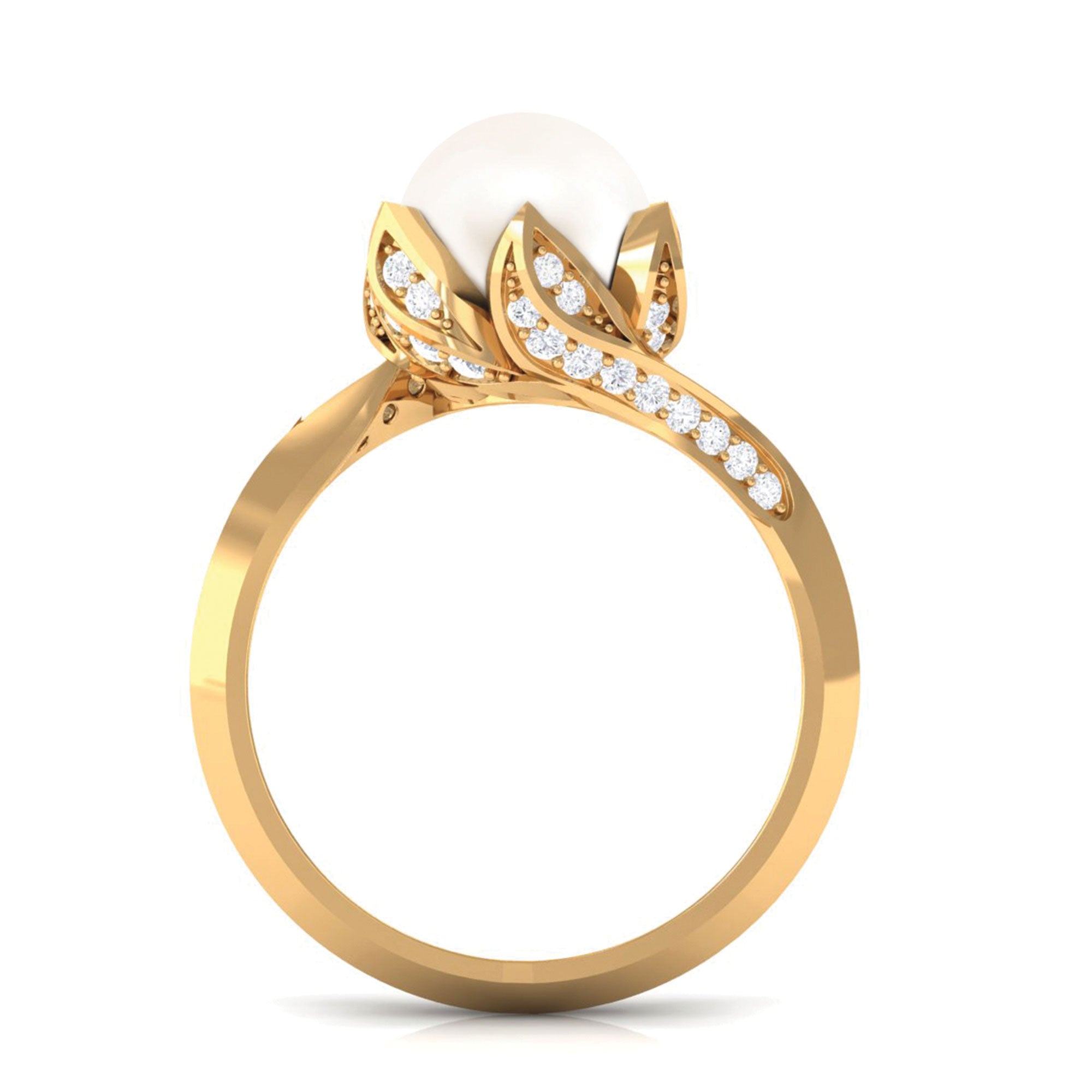 Arisha Jewels-Floral Inspired Freshwater Pearl Solitaire Bypass Ring with Diamond