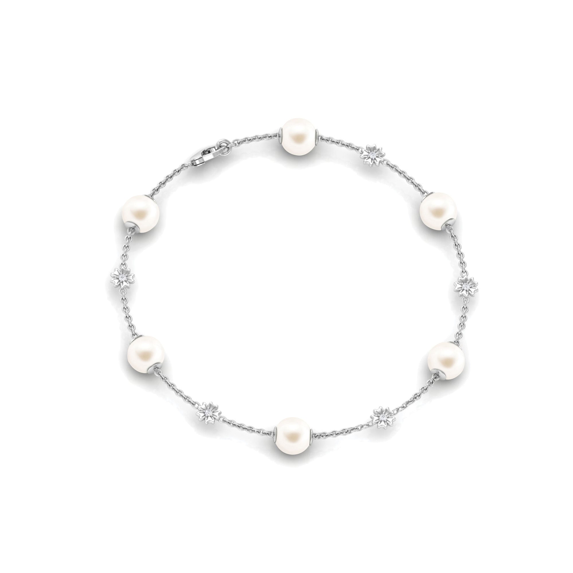 Real Freshwater Pearl Station Chain Bracelet with Diamond Freshwater Pearl-AAAA Quality - Arisha Jewels