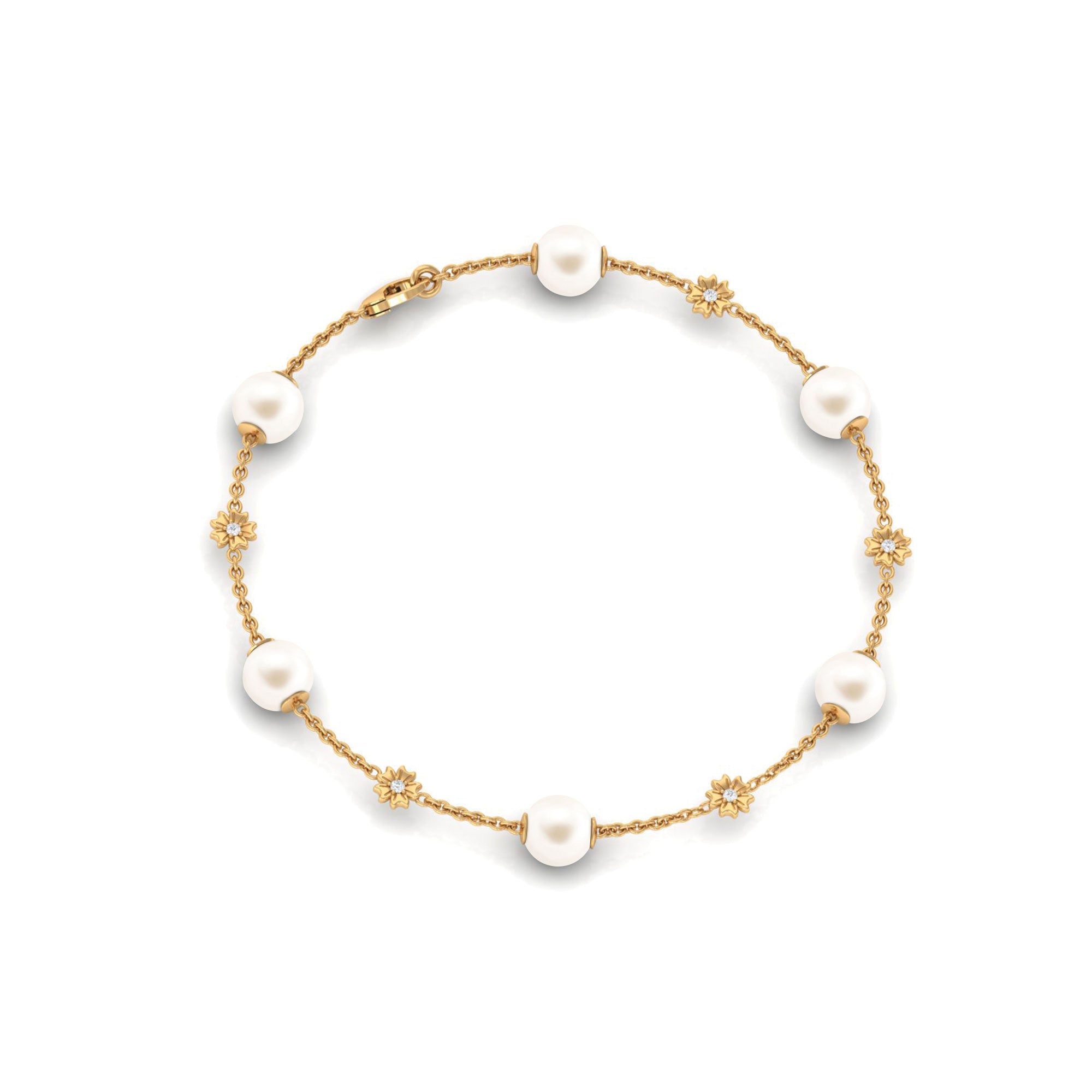 Real Freshwater Pearl Station Chain Bracelet with Diamond Freshwater Pearl-AAAA Quality - Arisha Jewels