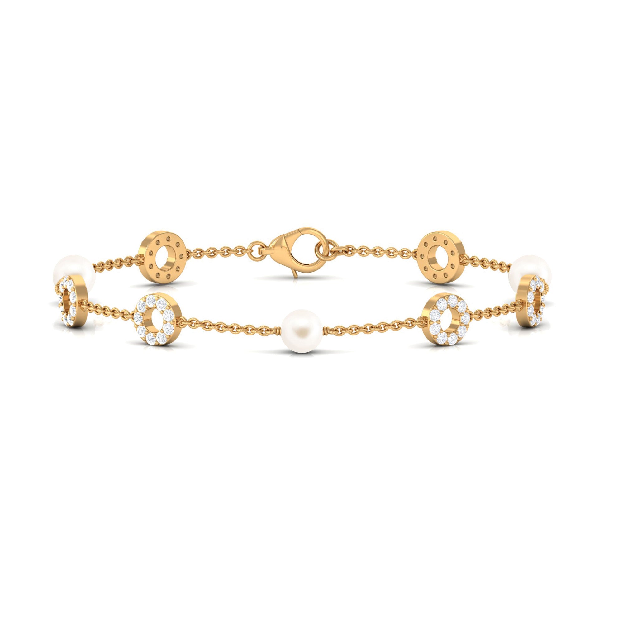 Minimal Freshwater Pearl Station Chain Bracelet with Diamond Freshwater Pearl-AAAA Quality - Arisha Jewels
