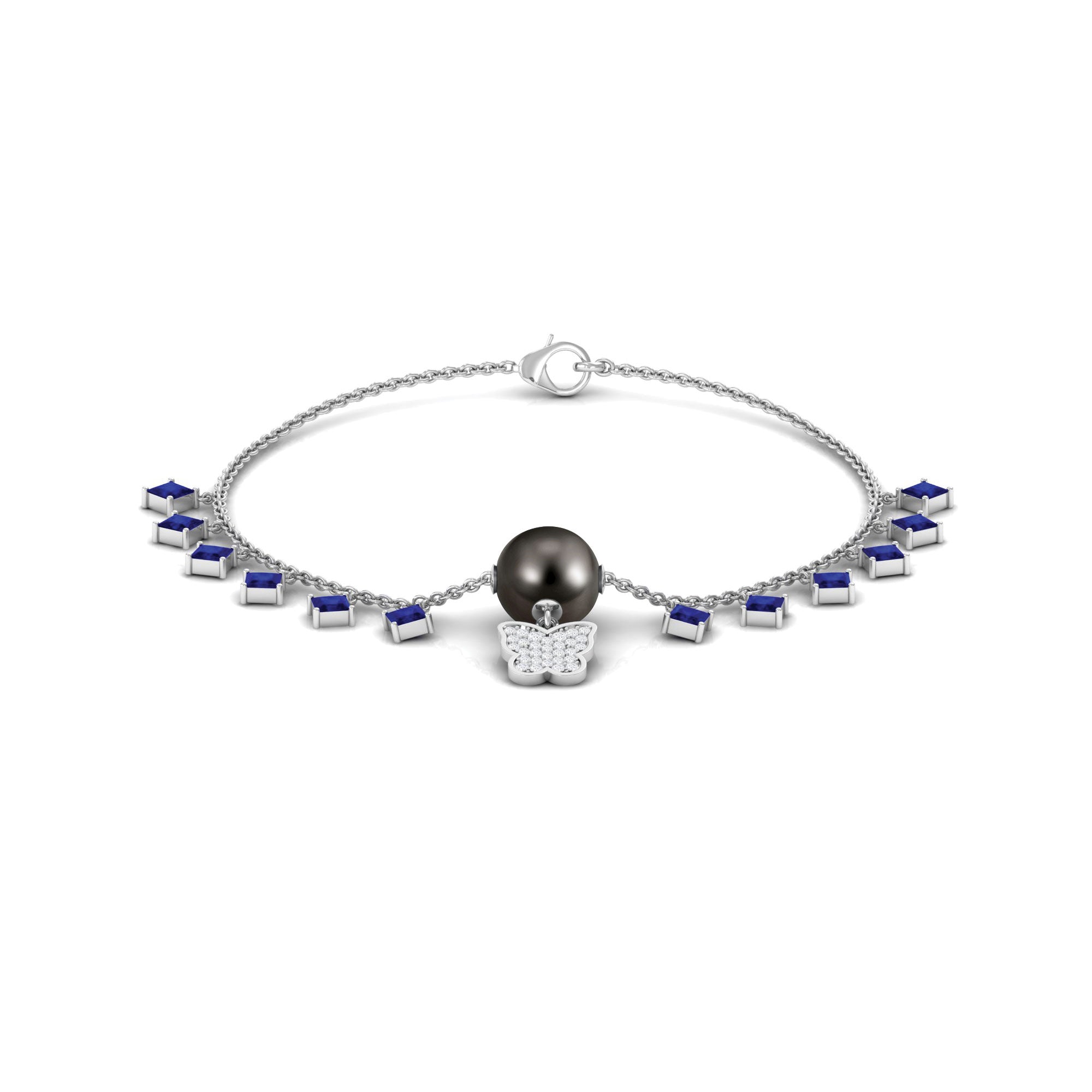 Tahitian Pearl Butterfly Charm Bracelet with Sapphire and Diamond Tahitian pearl-AAA Quality - Arisha Jewels