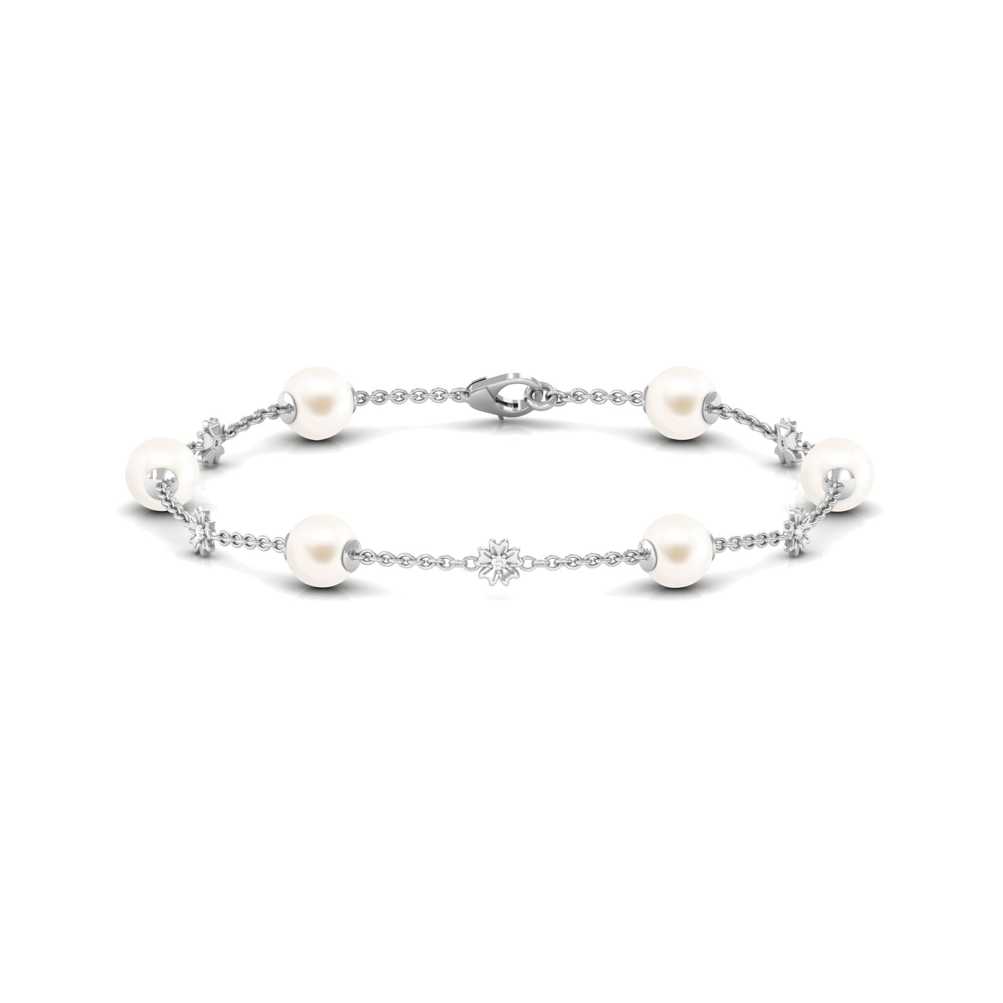 Real Freshwater Pearl Station Chain Bracelet with Diamond Freshwater Pearl-AAA Quality - Arisha Jewels
