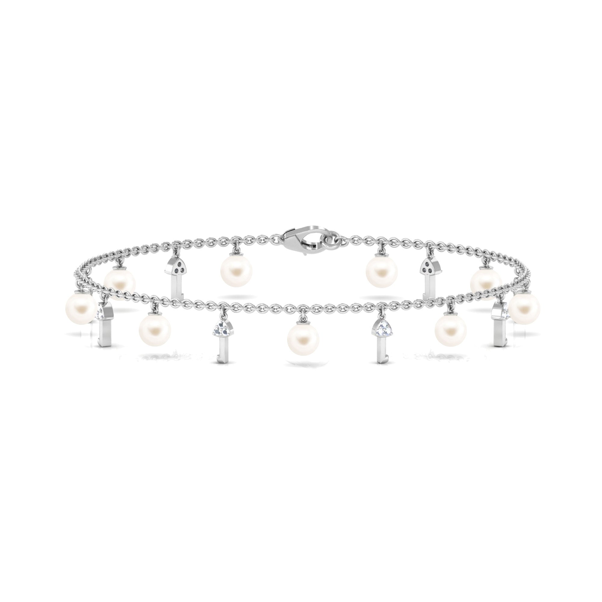 White Freshwater Pearl Bracelet with Diamond Key Charms Freshwater Pearl-AAA Quality - Arisha Jewels