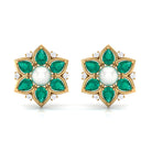 Flower Inspired Freshwater Pearl Stud Earrings with Emerald Freshwater Pearl-AAAA Quality 5 MM - Arisha Jewels