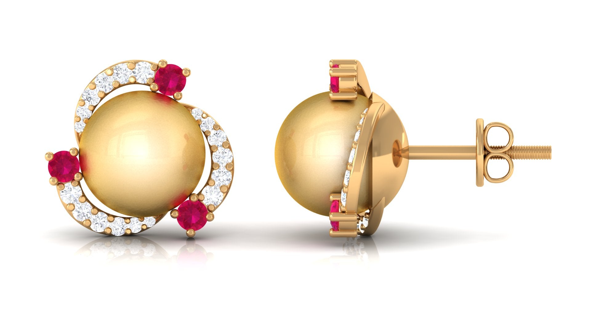 Round South Sea Pearl Swirl Stud Earrings with Ruby and Diamond South Sea Pearl-AAAA Quality - Arisha Jewels