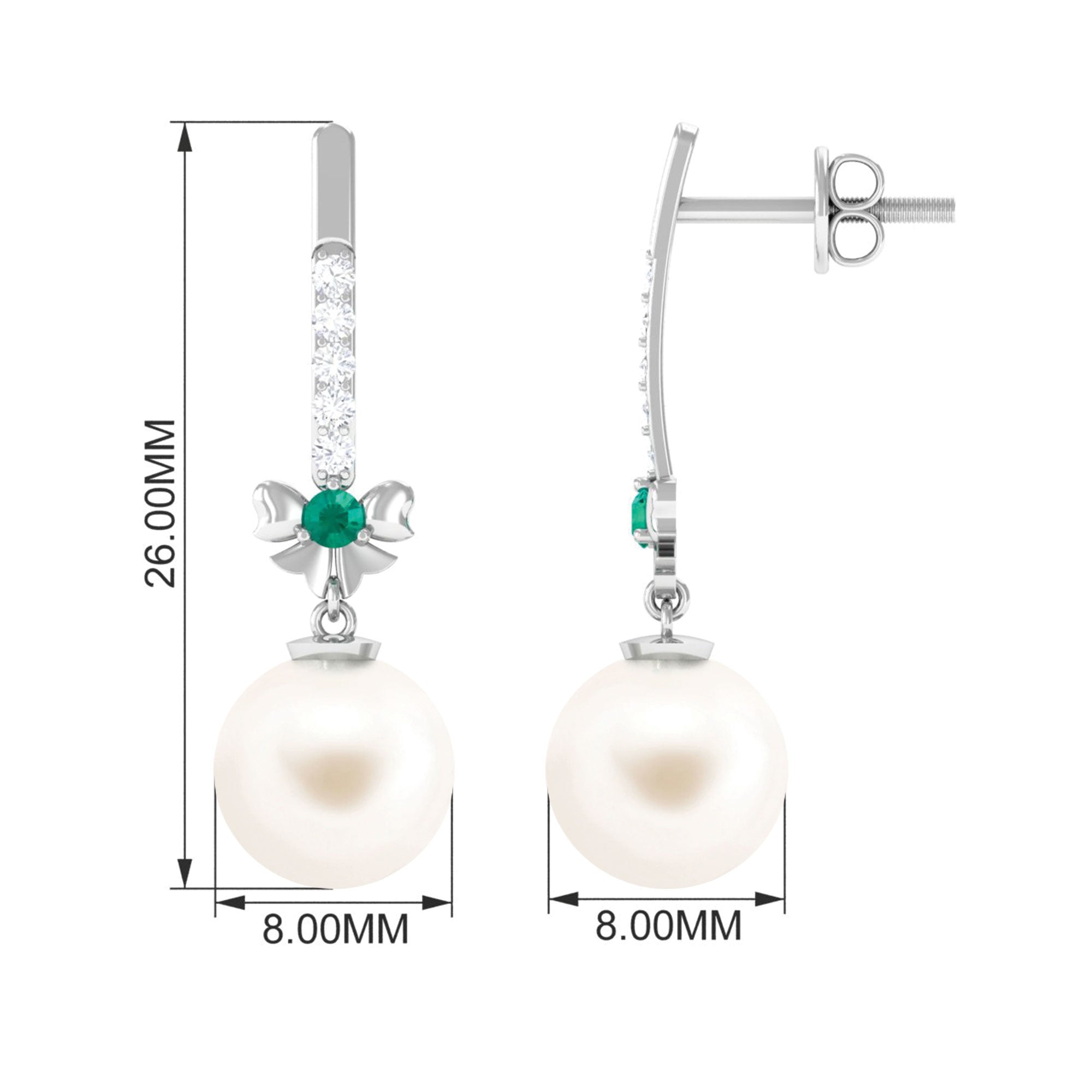 Real Freshwater Pearl Drop Earrings with Emerald and Diamond Freshwater Pearl-AAAA Quality - Arisha Jewels
